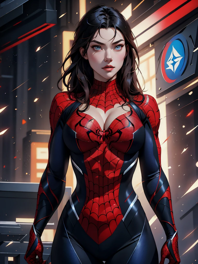 { - anatomy error} (Masterpiece - Ultra-detailed, very high resolution) best qualtiy，GameCG，1girll，tmasterpiece，best qualtiy，8K，detailed skin textures，Detailed cloth texture，beautifull detailed face，Complicated details，the ultra-detailed，korean girl, ( korean face)，spiderman uniform，long black hair，（A half body：1.2），cleavage, looking ahead, dinamic poses, opal eyes,closed clothes