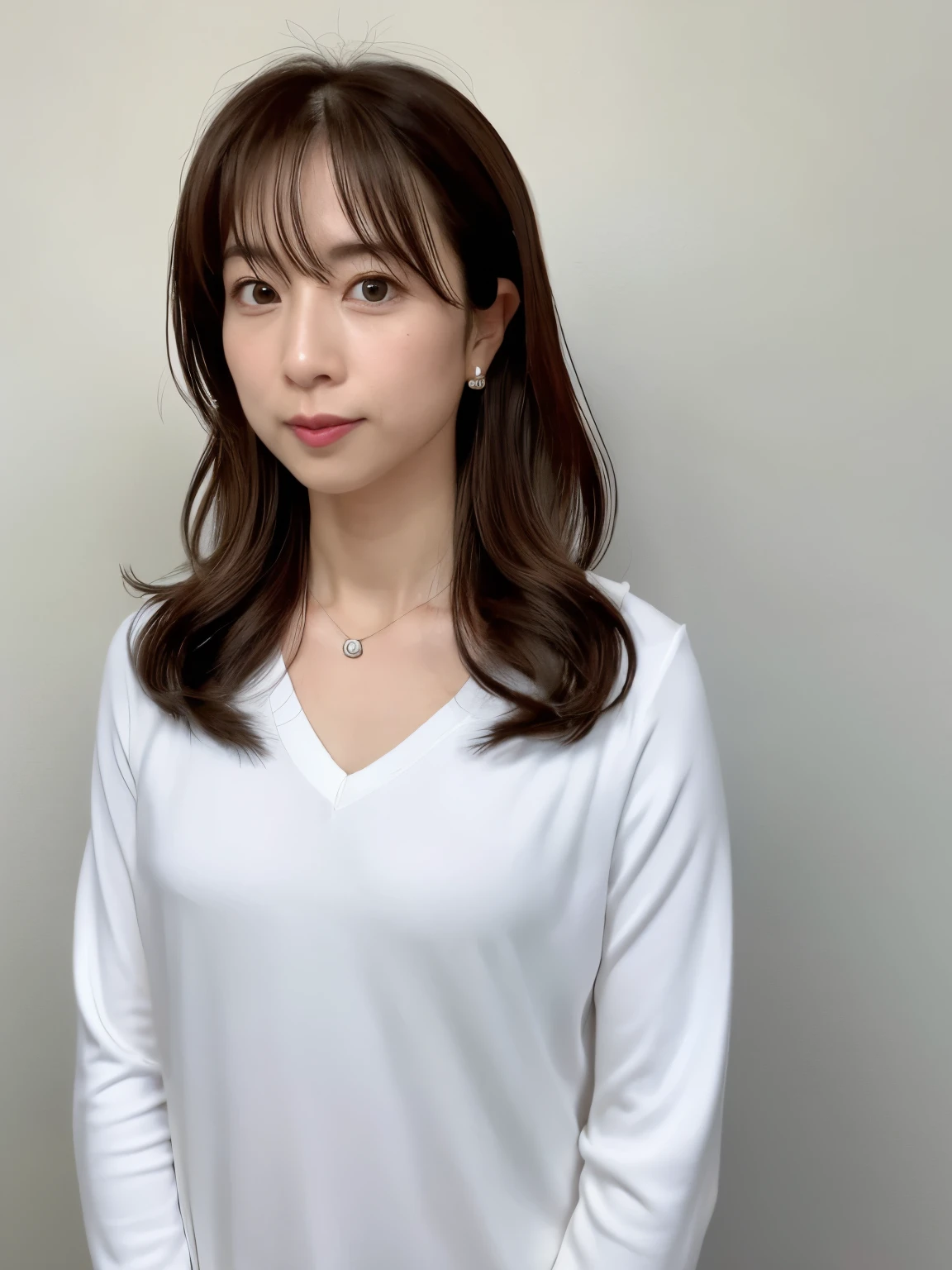 (Highly realistic photos, High resolution, detailed face, fine eyes), japanese woman, 40 years old, Variety of facial expressions, alone:1, slim figure, different hairstyles, casual clothes, Alone in a photo、long sleeve dress、Shot in natural light、white wall、Taken in front of the white door、(窓のあるwhite wallの部屋)、simple necklace、Spring clothes、Don't look at the camera、profile、Dark brown hair color
