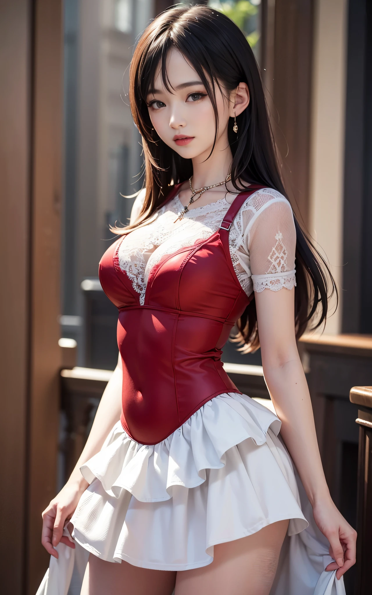 best quality，master piece，High resolution，(beautiful face)，looking at the viewer，Are standing，（（Half body）），Hands in gloves，right arm hanging down、((red lace dress))