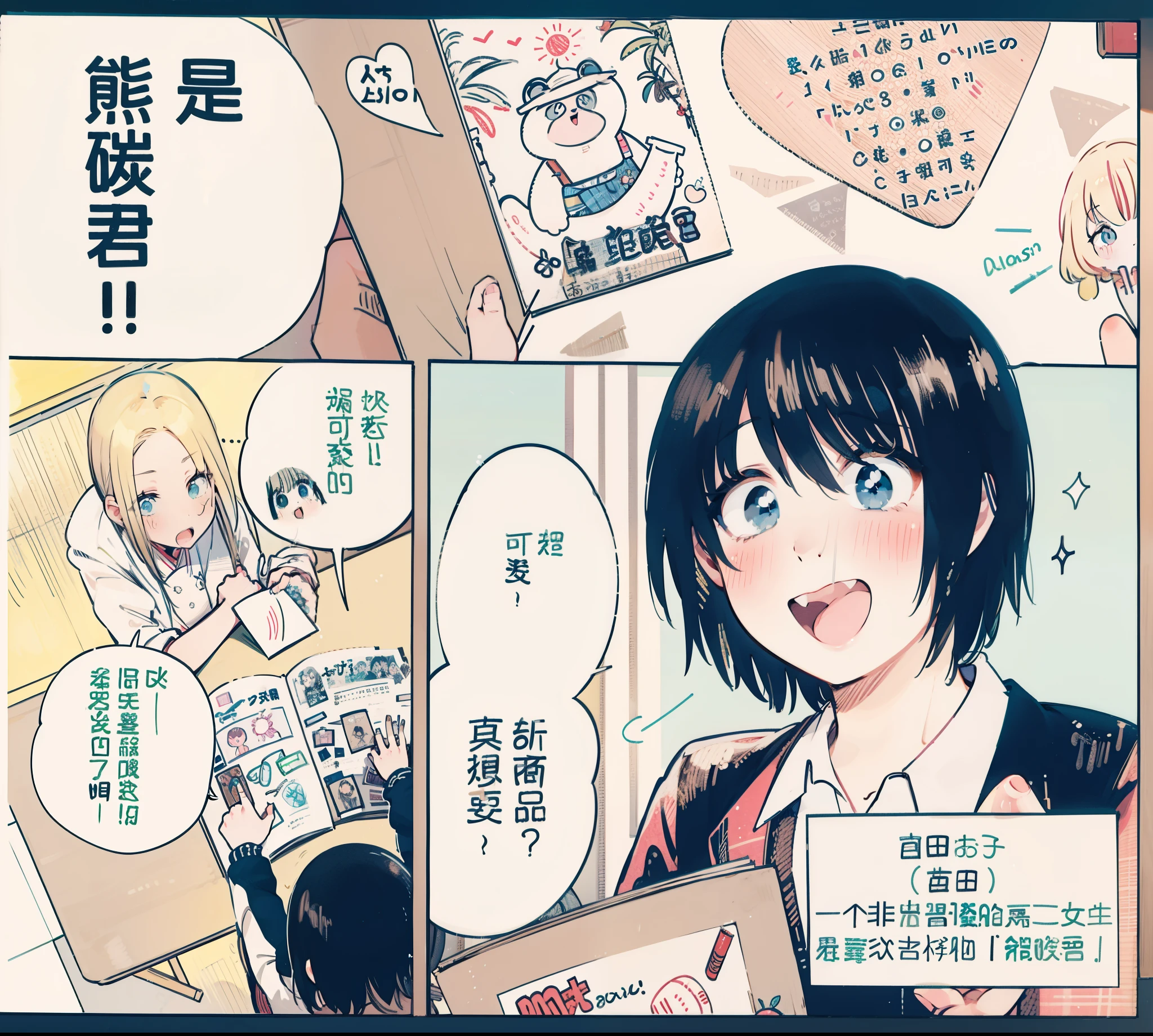 [[[ super detailed, best quality, beautiful, 4K]]], portrait, Modern classrooms, two girls，japanese manga，2D cartoon