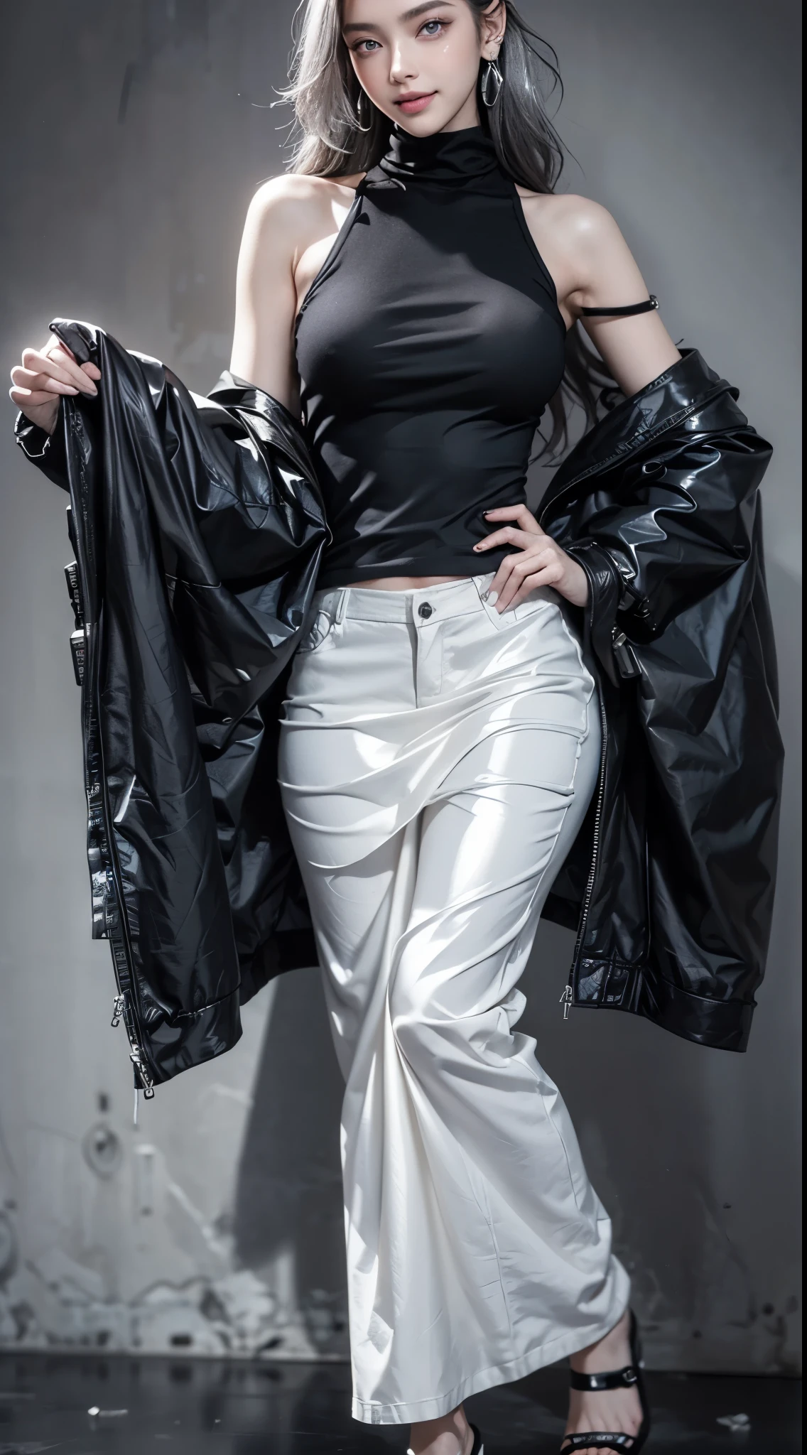(Realistic:1.2), (fashion portrait:1.6), (brand collection, fashion brand theme:1.6), (detailed, beautiful, masterpiece, best quality:1.2), _ BREAK (1girl:1.2), 22 years old, 160 cm, Japanese cute model, Tightened all body, (large Breasts:1.5), small head, small face, diamond Face, small nose, Sharp Faceline, Detailed face, Detailed eyes, young hands and fingers, beautiful hands and fingers, five fingers, _ BREAK (happy, smile, Glossy Lips:1.3), (Light color lips, Half open mouth, beautiful Teeth:1.2), (dropy eyes, Double eyelid, light color eyes, Shiny eyes:1.5), Shiny skin, _ BREAK (arranged hairstyle:1.4), (gray hair, shiny hair, _ BREAK (gray background:1.4), mist, fog _ BREAK (wide angle:1.4), (standing, fashion model pose, sexy model pose:1.6), focus face, from below, (white Lighting:1.4), BREAK (Cyberpunk and National clothing fusion:1.3), ((wear an oversized black wool turtleneck with rubberized surface) for a luxurious, futuristic, poncho, nylon, and Breaker feel:1.2), (large sleeves:1.2), (7/8 length:1.2), (simple yet cyberpunk-themed design:1.3), BREAK (black and White theme:1.3), (black over sized baggy wide pants:1.3), ((Black sandals:1.2), (edgy and versatile:1.2),(silver earrings:1.2),