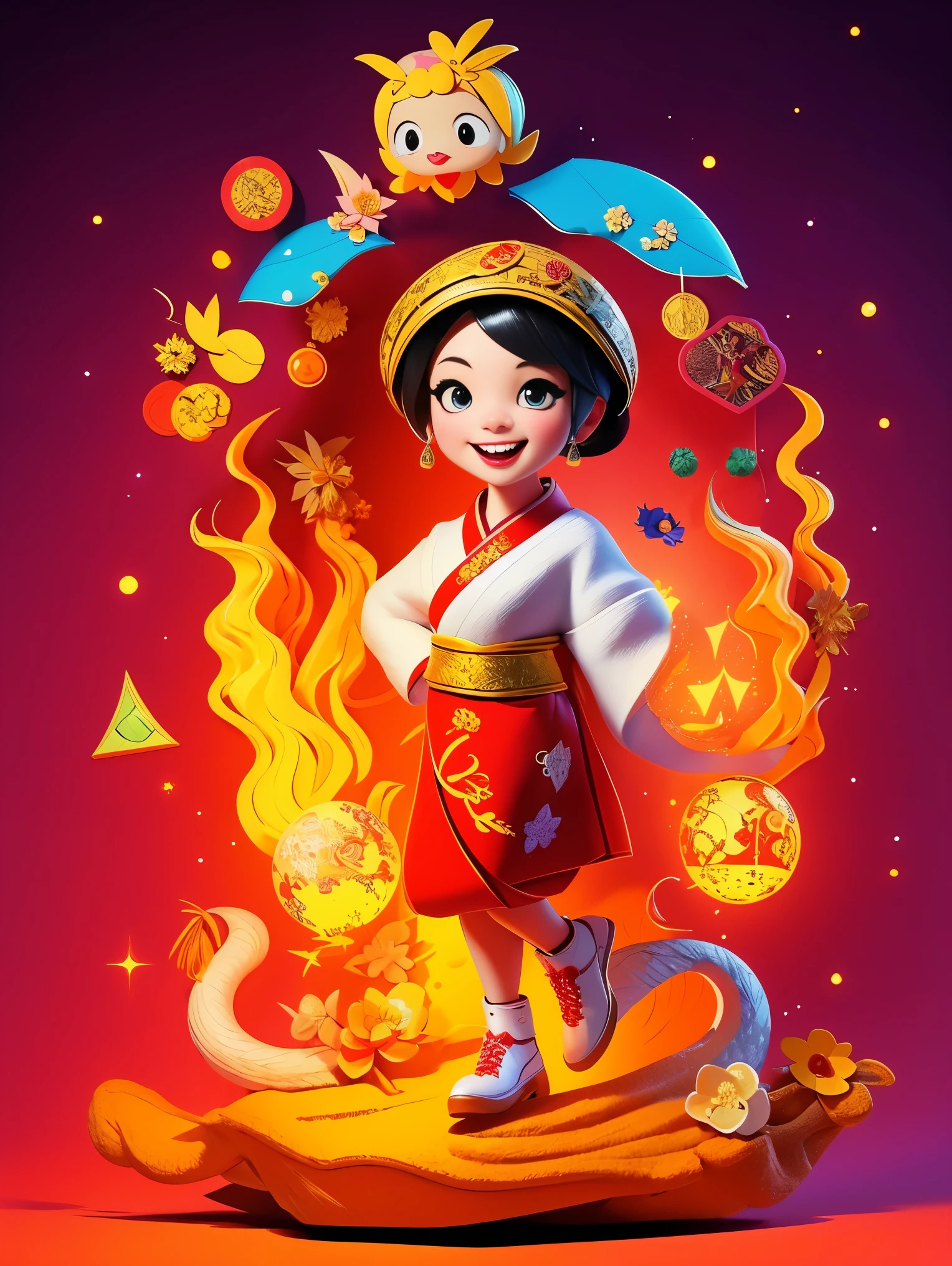 现代女孩和可爱的Chinese dragon，Chinese dragon爪，Chinese dragon尾，Chinese dragotomically correct，Girl wearing traditional Chinese clothes，Smile happily，Cartoon image，full body portrait，White background，(Vision:1.5)