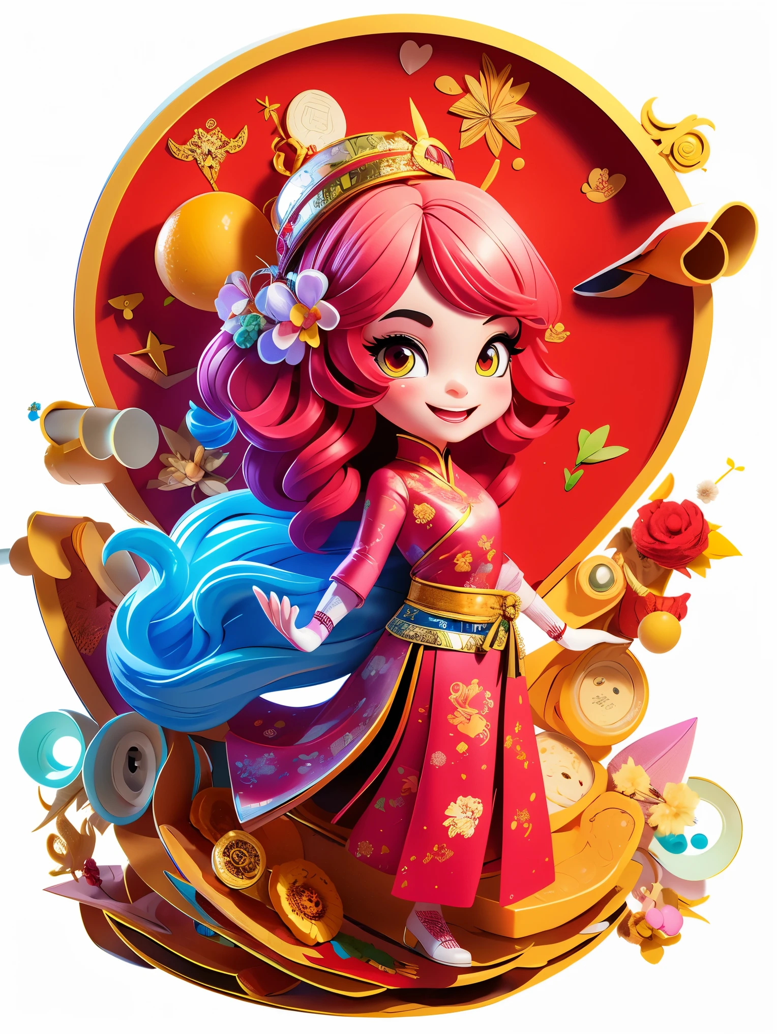 现代女孩和可爱的Chinese dragon，Chinese dragon爪，Chinese dragon尾，Chinese dragotomically correct，Girl wearing traditional Chinese clothes，Smile happily，Cartoon image，full body portrait，White background，(Vision:1.5)