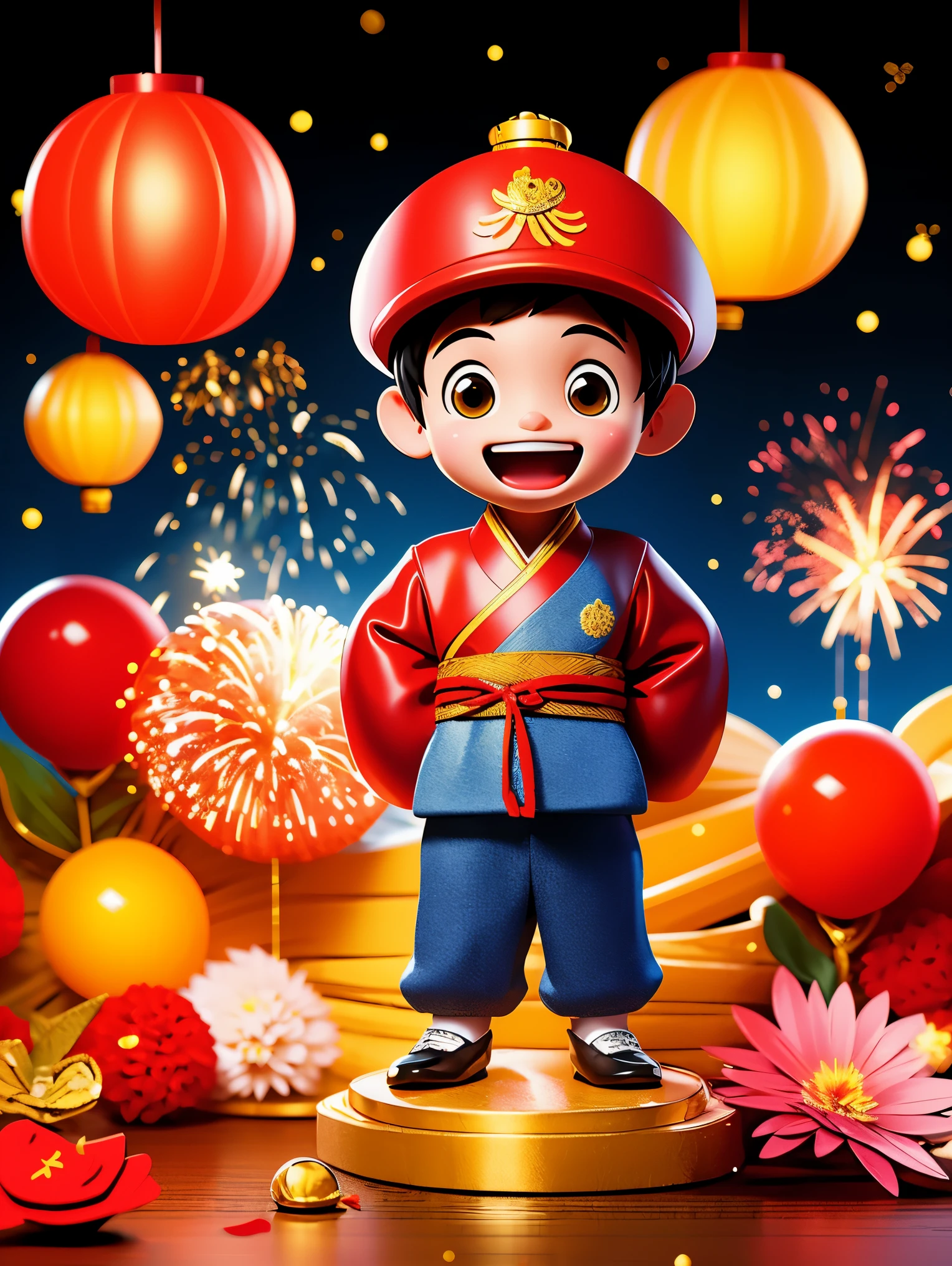 boy，Standing in the middle of，Laugh，Wearing traditional Chinese clothing，gold coins，Blue and red clothes，(fireworks，firecracker，Spring couplets，red festive background)，CNY