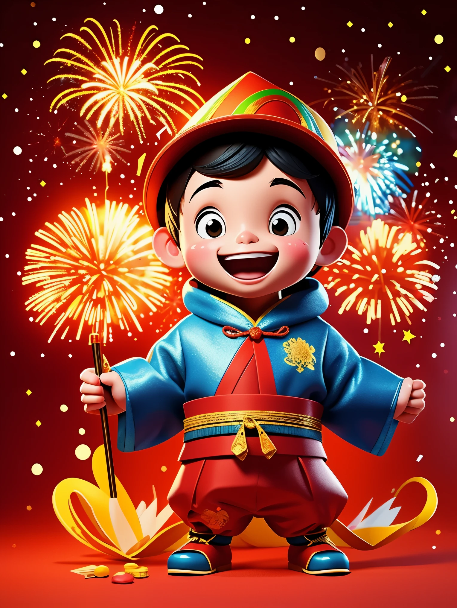 boy，Standing in the middle of，Laugh，Wearing traditional Chinese clothing，gold coins，Blue and red clothes，(fireworks，firecracker，Spring couplets，red festive background)，CNY