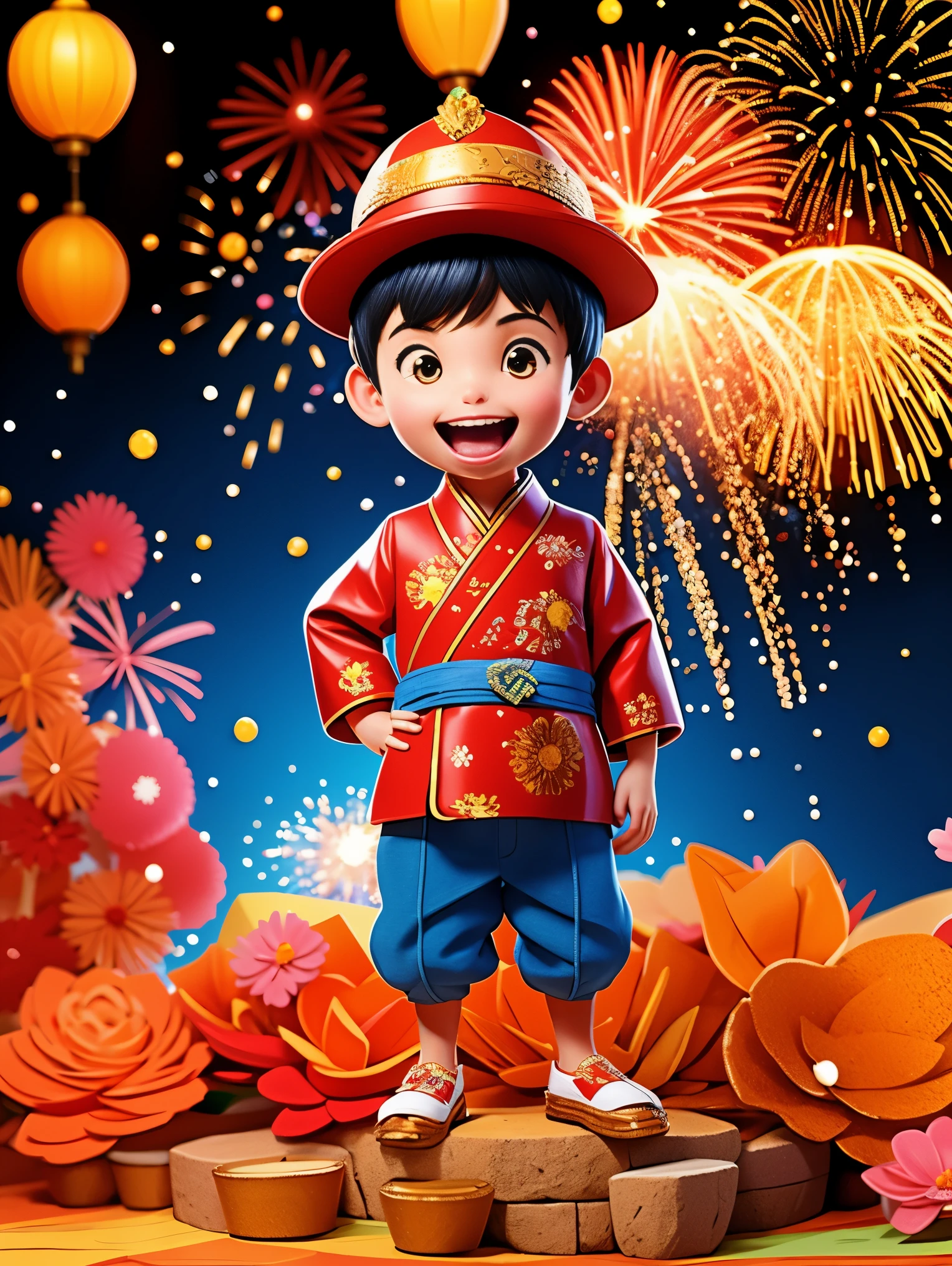 boy，Standing in the middle of，Laugh，Wearing traditional Chinese clothing，gold coins，Blue and red clothes，(fireworks，firecracker，Spring couplets，red festive background)，CNY