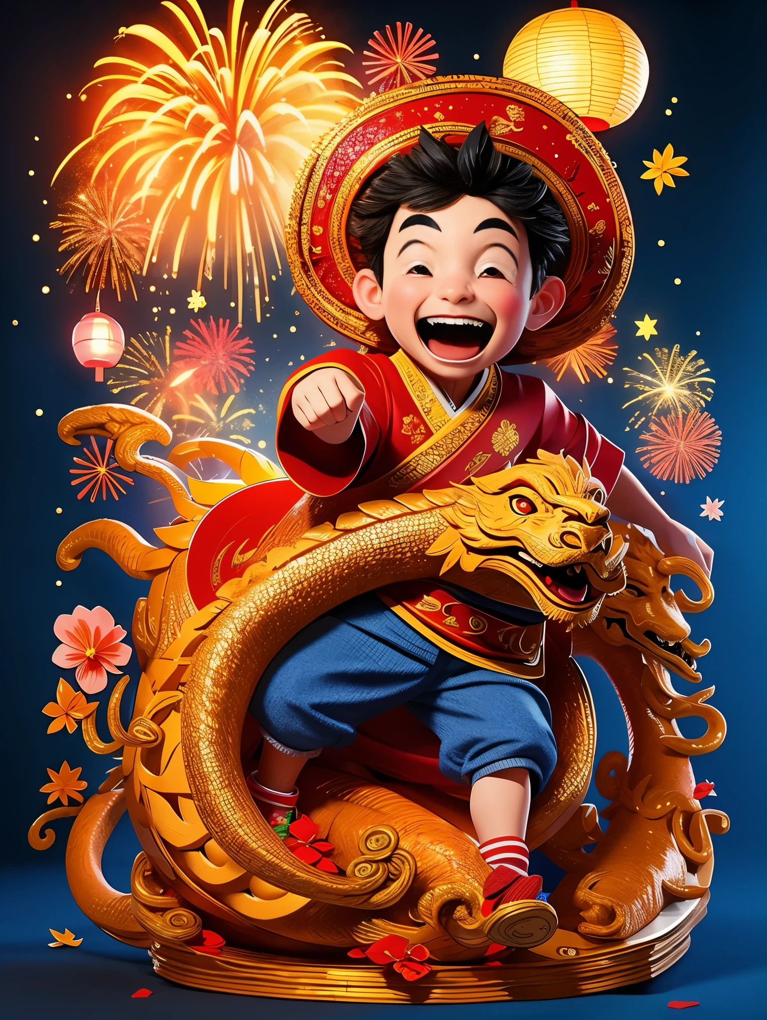 boy，Standing in the middle of，Laugh，Wearing traditional Chinese clothing，(Chinese dragon coiled behind:1.3)，gold coins，Blue and red clothes，(fireworks，firecracker，Spring couplets，red festive background)，CNY