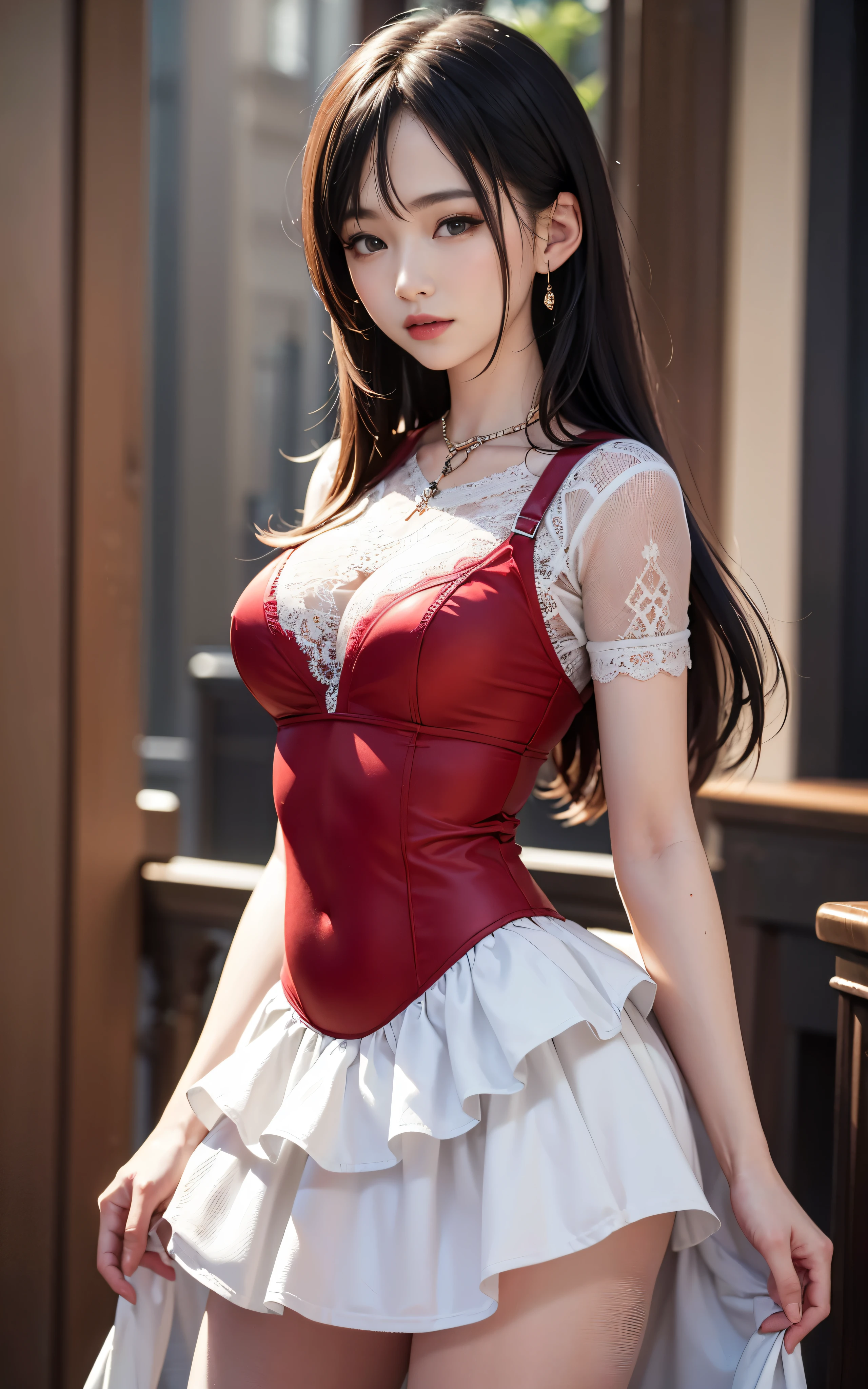 highest quality,masterpiece,High resolution,(beautiful face),looking at the viewer,Are standing,((Half body)),gloved hands,right arm hanging down、((red lace dress))