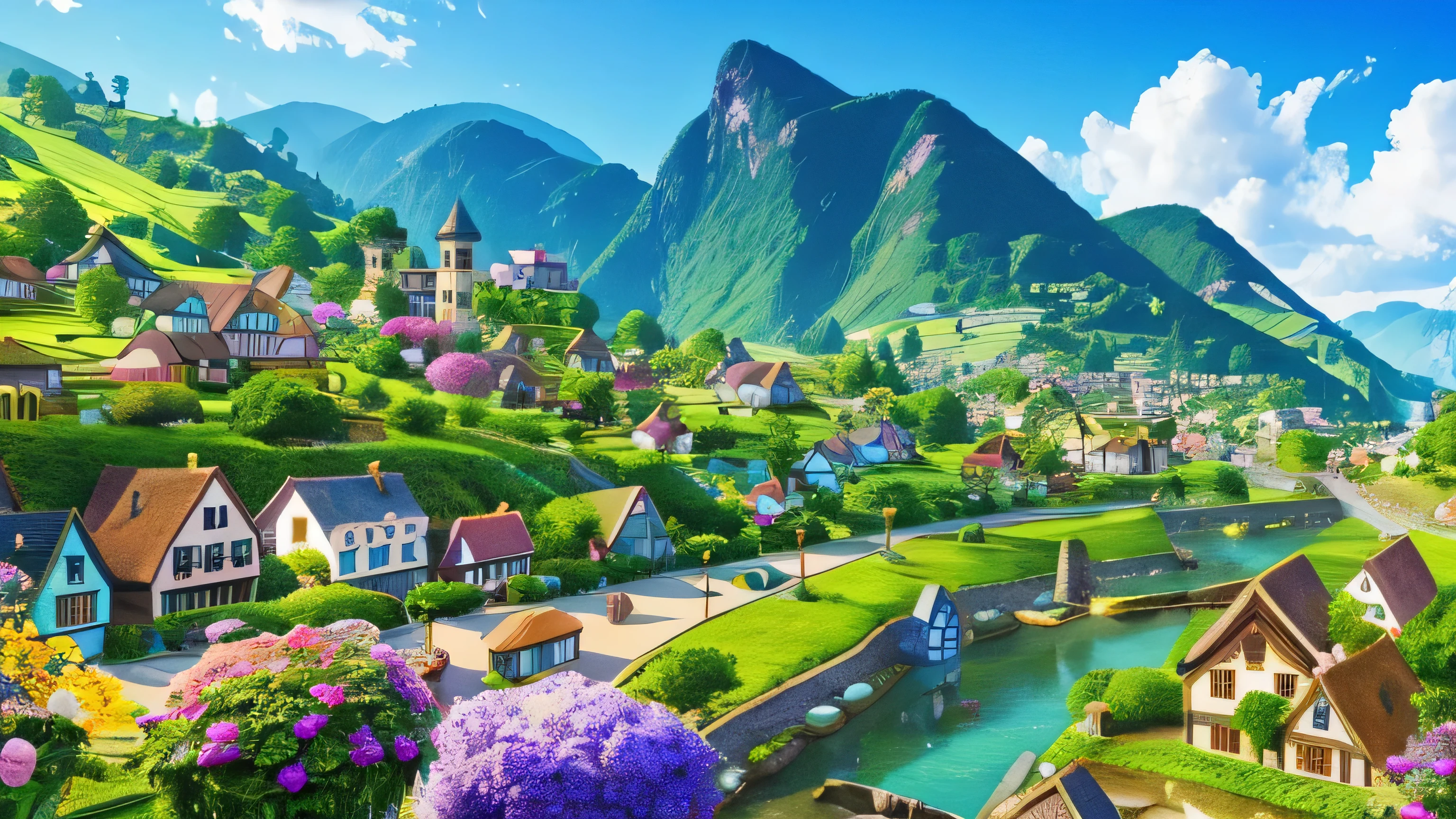 A captivating 3D render of a quaint village nestled between rolling hills and lush greenery, painted with vibrant colors, showcasing intricately detailed houses, winding cobblestone roads, and blooming flowers, all brought to life in stunning 8K resolution, offering an immersive and picturesque vista.