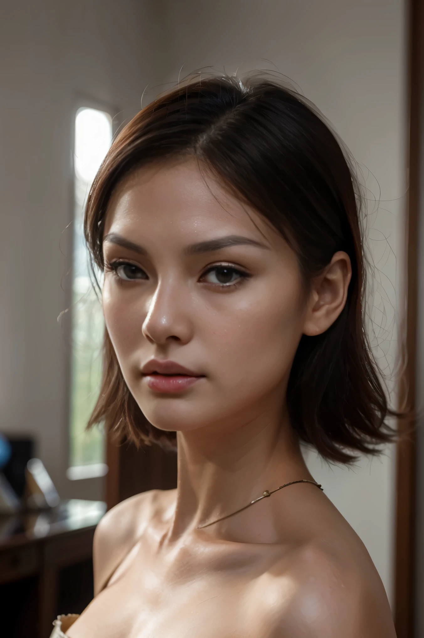 8K, Chinese girl, looks like Linda Evangelista, loose hair, dark hair, High forehead, looking straight at us, very narrow eyes, very small nose, Very thin face, sharp cheekbones, plump lips, thin neck, photorealistic quality