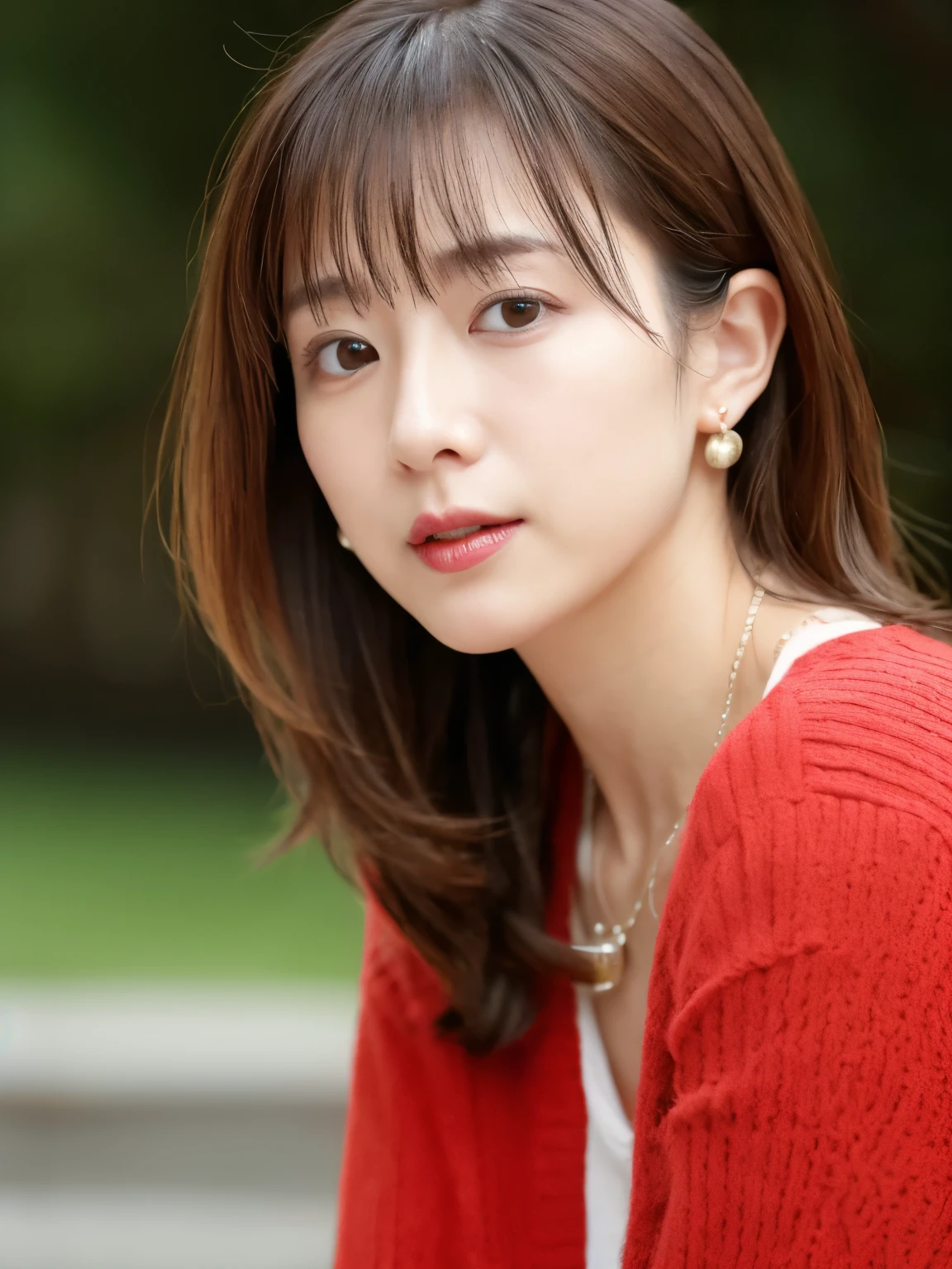 (Highly realistic photos, High resolution, detailed face, fine eyes), Taken in front of a white wall、japanese woman, 40 years old, Variety of facial expressions, alone:1, slim figure, different hairstyles, casual clothes, Alone in a photo、long sleeve dress、Shot in natural light、simple necklace、Spring clothes、Don't look at the camera、profile、Dark brown hair color