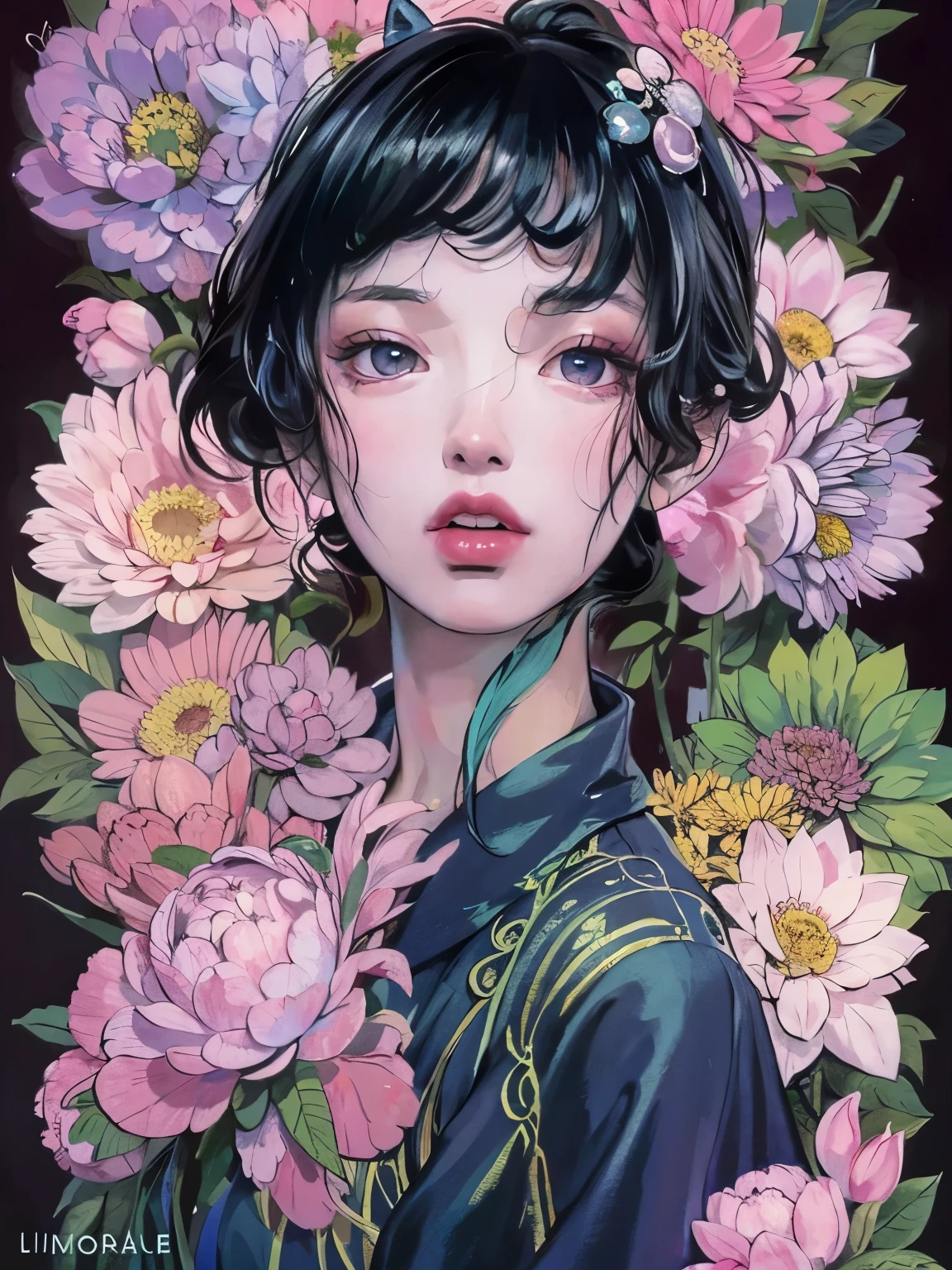 chiaroscuro technique on sensual illustration of an elegant , retro and vintage ,silky flower around body, matte painting, by Hannah Dale, by Harumi Hironaka, extremely soft colors, vibrant, pastel, highly detailed, digital artwork, high contrast, dramatic, refined, tonal, golden ratio