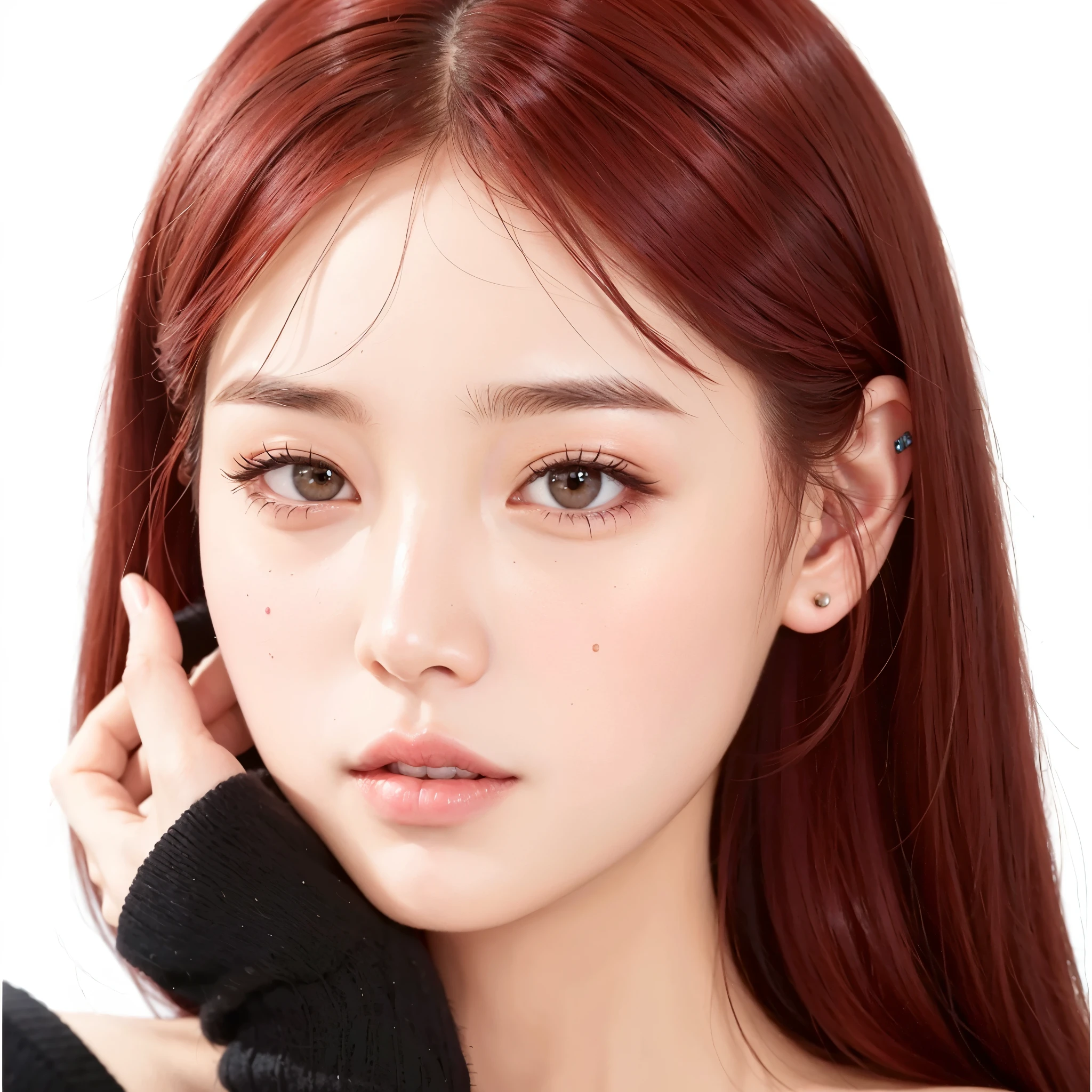a closeup of a redhead woman and a black sweater, portrait of jossi de blackpink, maquillaje coreano popular, pelo de dos colores, jossi de blackpink, maquillaje popular de corea del sur, tinte para el cabello de dos tonos, medio & medio hair dye, retrato de jisoo rosa negro, tinte de pelo, Jinyoung Shin, con cara redonda, medio and medio hair dye, Lalisa Manobal