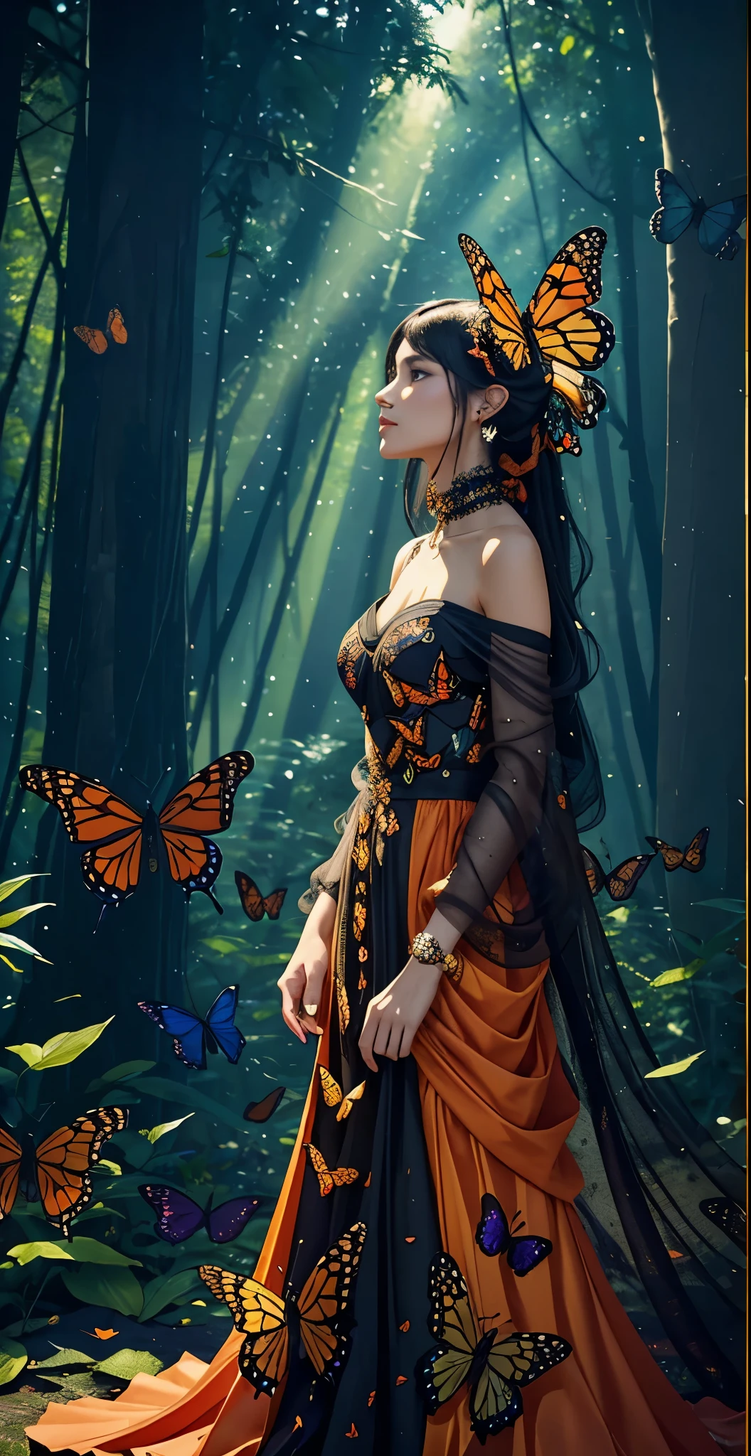 Beautiful dark haired woman covered entirely by millions of Monarch orange black and red butterflies like a second skin a gossamer dress that is almost part of her, covered in butterflies and vibrant multicolored red and black flowers, as if they are coming out of her chest her heart, dappled sun beams through the pine fir forest, hyperdetailed, 64k resolution, Kodak resampled film grain,(((naturally interacting with the environment:1.5))),(((seamless:1.5))),((strong environmental light)),((hard shadows)),(merge realms of the extreme punk in a tapestry of dualities),enigmatic beings with ethereal silhouettes,digital dreamscape.Illuminate the scene with the pulse of a celestial bloom,(casting hues that bridge both cosmic and cybernetic realms).(Blend brushstrokes harmoniously),fusing elements of traditional artistry with glitched fragments of a pixelated mosaic.Embrace asymmetry,where the organic and the synthetic collide in a dynamic composition.(Infuse a shifting timeless vibrant palette).Integrate augmented reality surprises. by Da Vinci