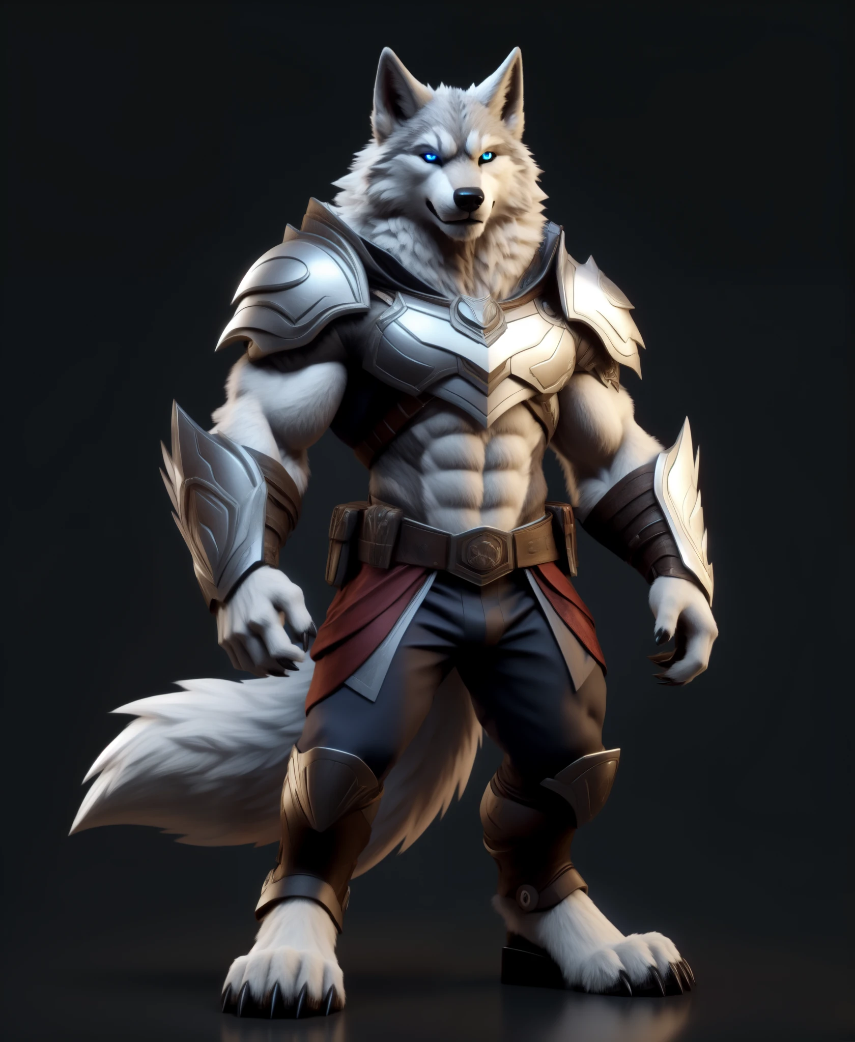 (character_design), concept art, model sheet, anthro, canid, mammal, canine, solo, armor, male, wolf, fur, claws, canis, hi res, standing, fingers, blue eyes, muscular anthro, muscular, were, clothing, muscular male, werecanid, 5 fingers, white body, digital media (artwork), simple background, white fur, black nose, grey body, front view, biped, pauldron, grey fur