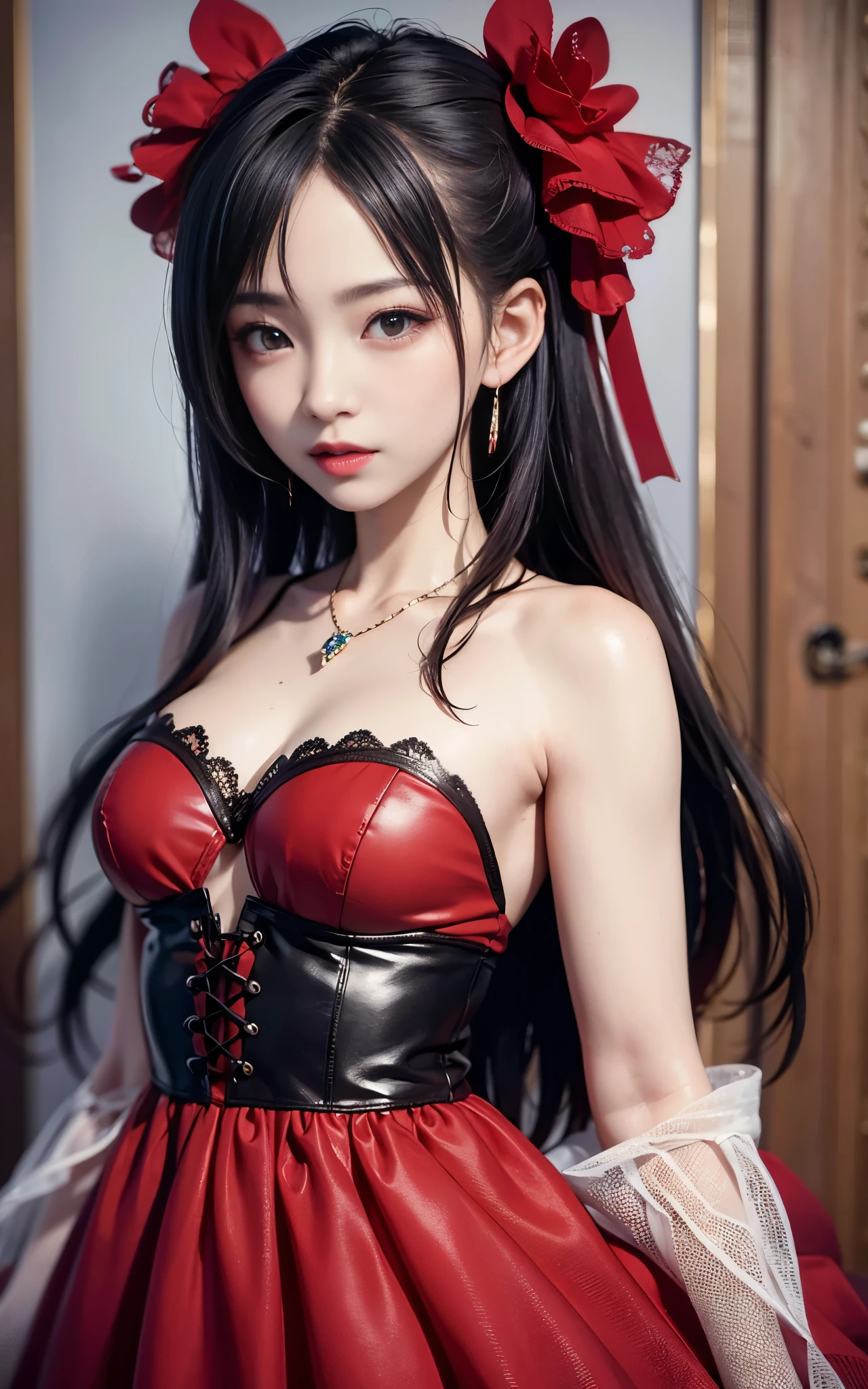best quality,master piece,High resolution,(beautiful face),looking at the viewer,Are standing,((Half body)),Hands in gloves,right arm hanging down、((red lace dress))