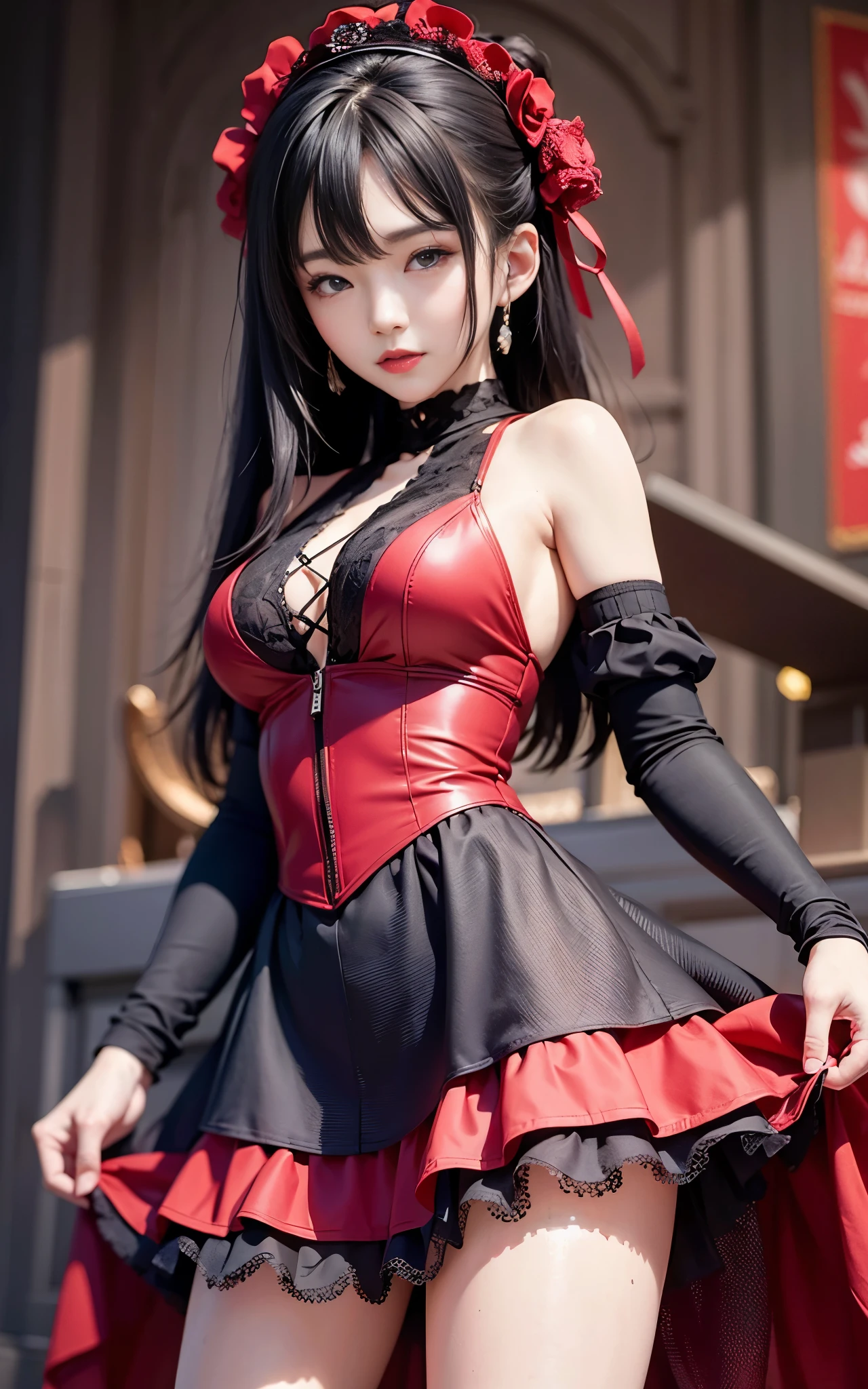 best quality，master piece，High resolution，(beautiful face)，looking at the viewer，Are standing，（（Half body）），Hands in gloves，right arm hanging down、((red lace dress))