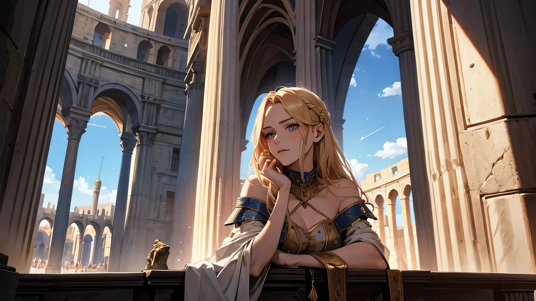 watching gladiator, there is 1 beautiful blonde girl, in colloseum, medieval times, detailed face, detailed nose, detailed eyes, who was sitting in one of the grandstands among the front row seats. High pillars, which rose from the corners in the left and right, supported a roof that covered the standShe had an innocence that matched her age, but a strange sensual and mature beauty as well.