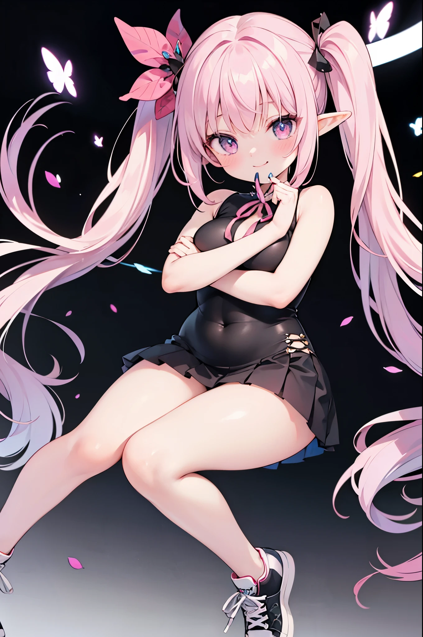 realistic image, coherent image, detailed image, 1 beautiful elf, She has purple hair, purple to pink gradient color eyes, with a six-pointed star in her pupil, her face is oval and delicate, Blushing, smiling with her mouth open, She is wearing a sleeveless shirt, pleated mini skirt, sneakers, She has a curvaceous body, medium breasts, thick thighs, coy pose, black background,