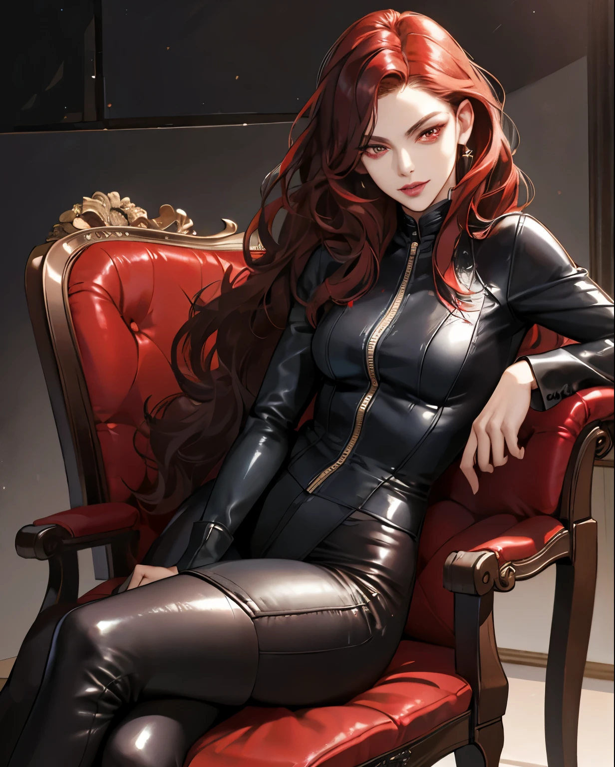 slim body, only tight leather clothes, domina leather clothes, small girl, sitting on a throne, sitting on a armchair full body, ass, red-pinkish hair, green eyes, medium big breasts, holding a riding crop, dominant seductive facial expression, leather miniskirt