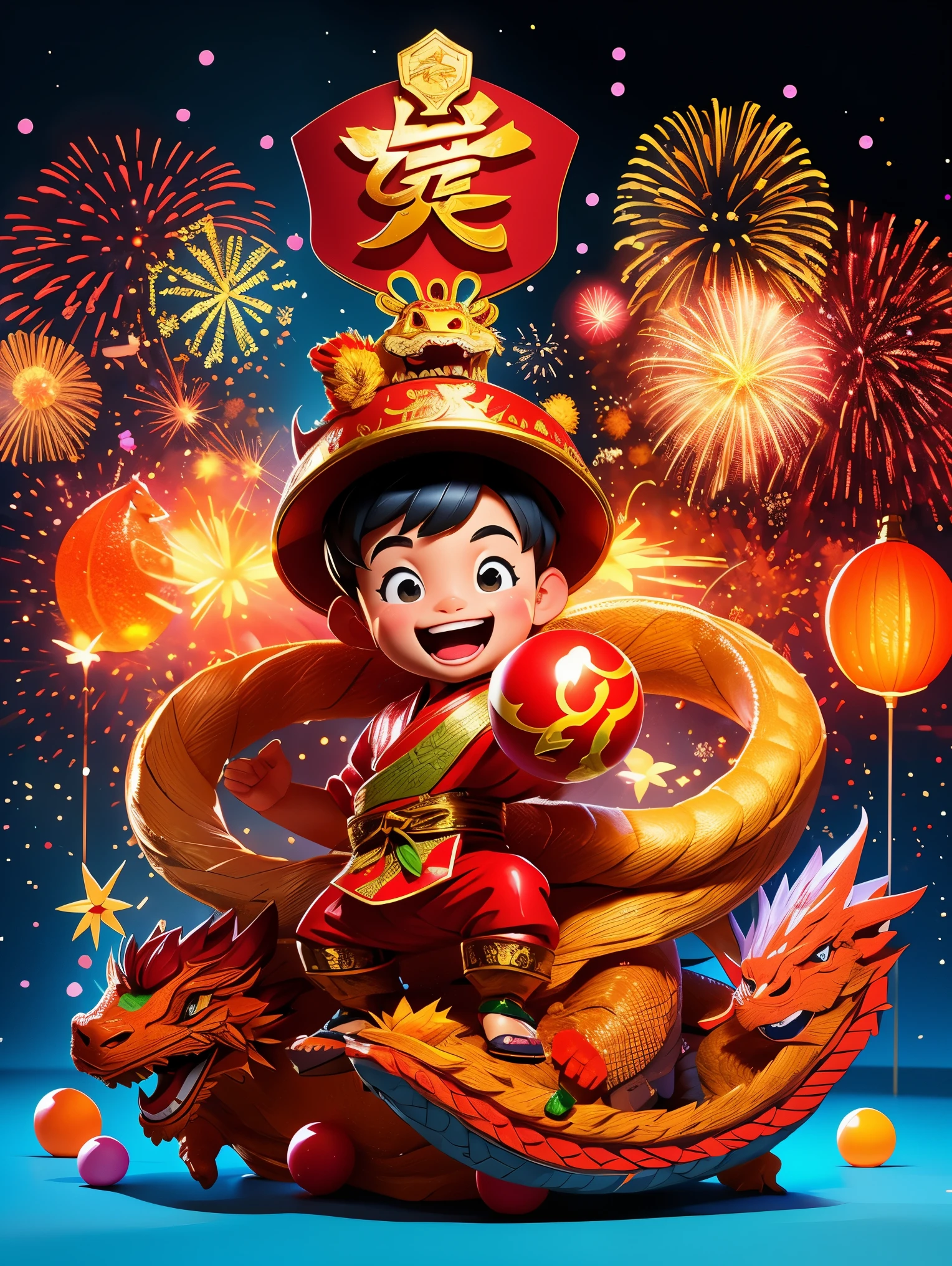 energetic and cute，1 boy，Standing in the middle of，Laugh，Wearing traditional Chinese clothing，(There is an Eastern dragon coiled behind it:1.3)，There are some gold coins on the ground，Blue and red clothes，((fireworks，firecracker，Spring couplets，red festive background))，CNY，Intense lighting effects，Ultra-detailed