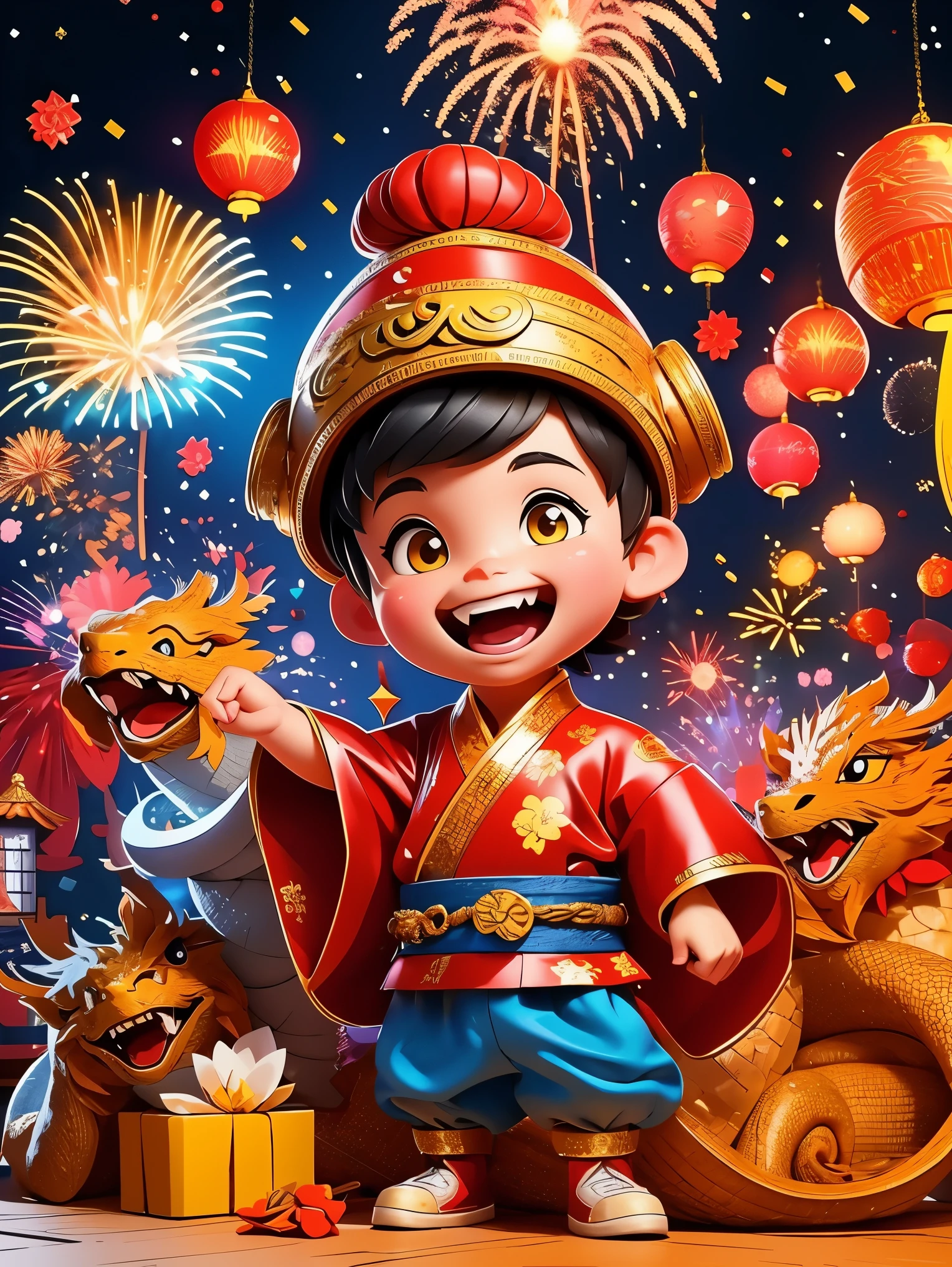 energetic and cute，1 boy，Standing in the middle of，Laugh，Wearing traditional Chinese clothing，(There is an Eastern dragon coiled behind it:1.3)，There are some gold coins on the ground，Blue and red clothes，((fireworks，firecracker，Spring couplets，red festive background))，CNY，Intense lighting effects，Ultra-detailed