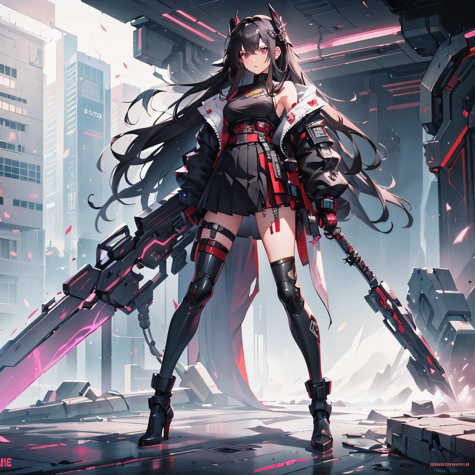 (table top, highest quality), (Perfect athlete body:1.2), (fine hair), super detailed,Detailed facial,perfect face, whole body, cyberpunk samurai girl, high school student,red tattoo on thigh,blackいセーラー服（black,Jacket,Dock Tags,pleated skirt）,18-year-old,Long hairstyles, purple eyes, Wield a giant sword, Standing in the wasteland, Wear high-tech boots,high heels, Equipping the Cyberpunk Gauntlet（Hook claws,Basket Hands）,8K high resolution, trend art station, white background, Standing in the wasteland, take a pose
