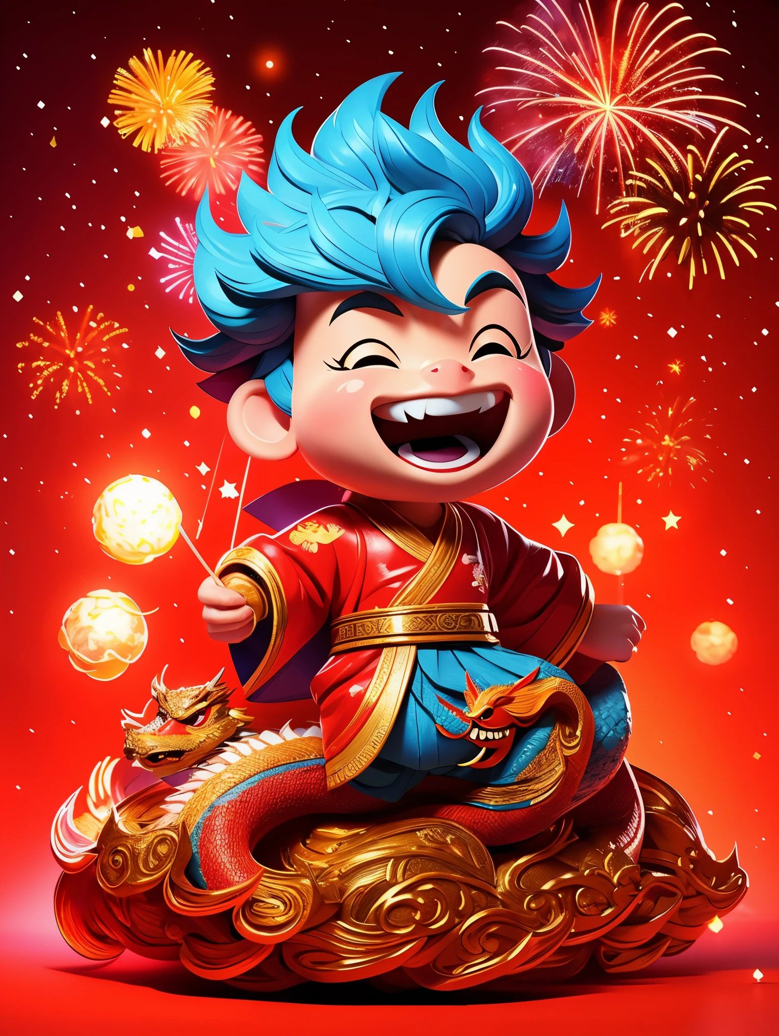 energetic and cute，1 boy，Standing in the middle of，Laugh，Wearing traditional Chinese clothing，(There is an Eastern dragon coiled behind it:1.3)，There are some gold coins on the ground，Blue and red clothes，((fireworks，firecracker，Spring couplets，red festive background))，CNY，Intense lighting effects，Ultra-detailed