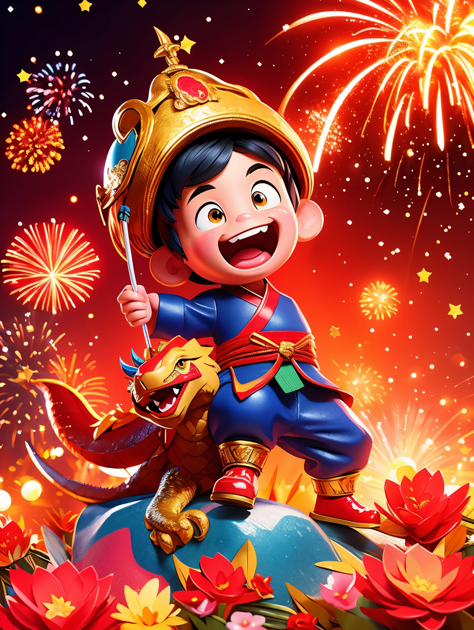 energetic and cute，1 boy，Standing in the middle of，Laugh，Wearing traditional Chinese clothing，(There is an Eastern dragon coiled behind it:1.3)，There are some gold coins on the ground，Blue and red clothes，((fireworks，firecracker，Spring couplets，red festive background))，CNY，Intense lighting effects，Ultra-detailed