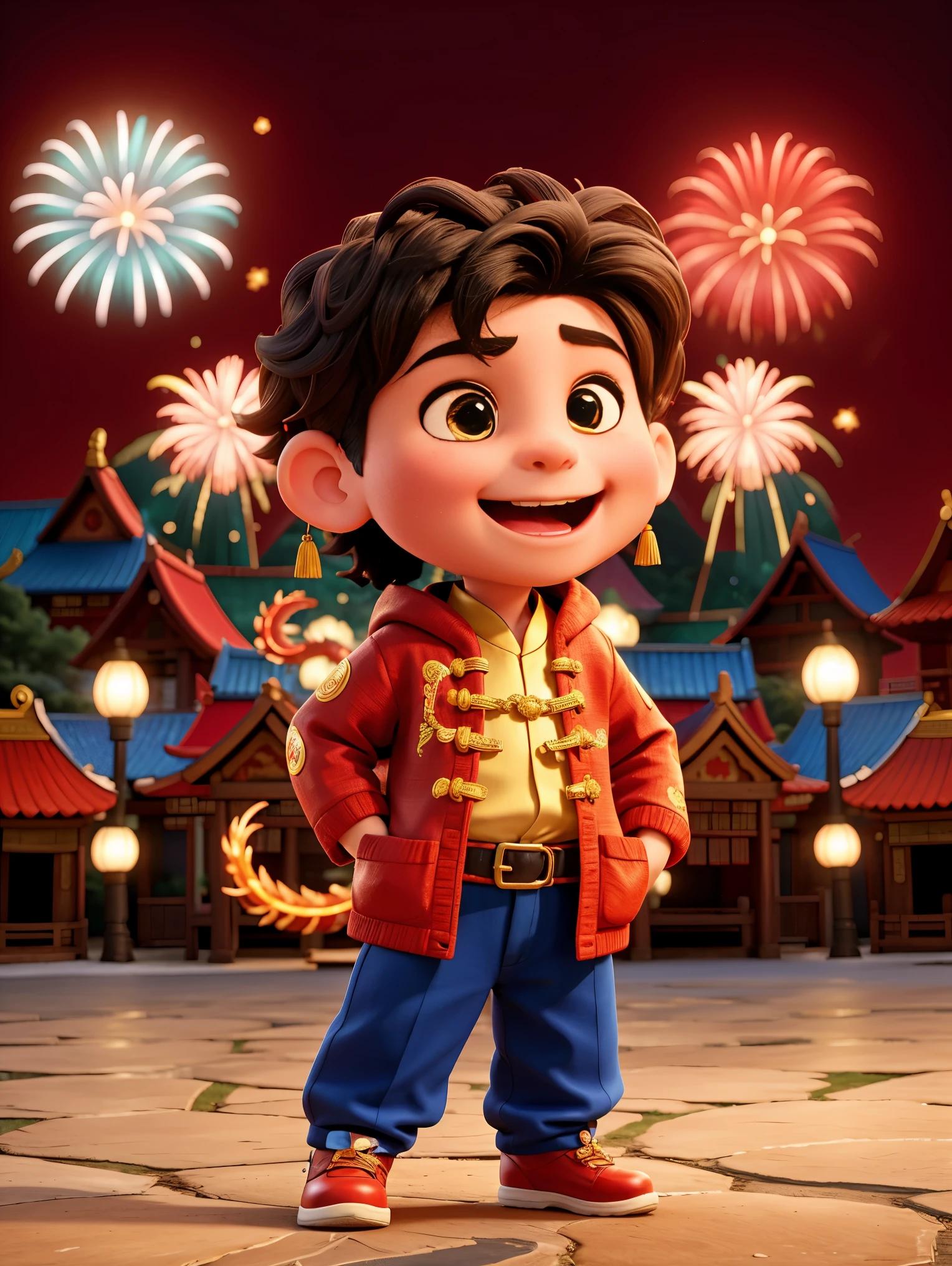 energetic and cute，1 boy，Standing in the middle of，Laugh，Wearing traditional Chinese clothing，(There is an Eastern dragon coiled behind it:1.3)，There are some gold coins on the ground，Blue and red clothes，((fireworks，firecracker，Spring couplets，red festive background))，CNY，Intense lighting effects，Ultra-detailed