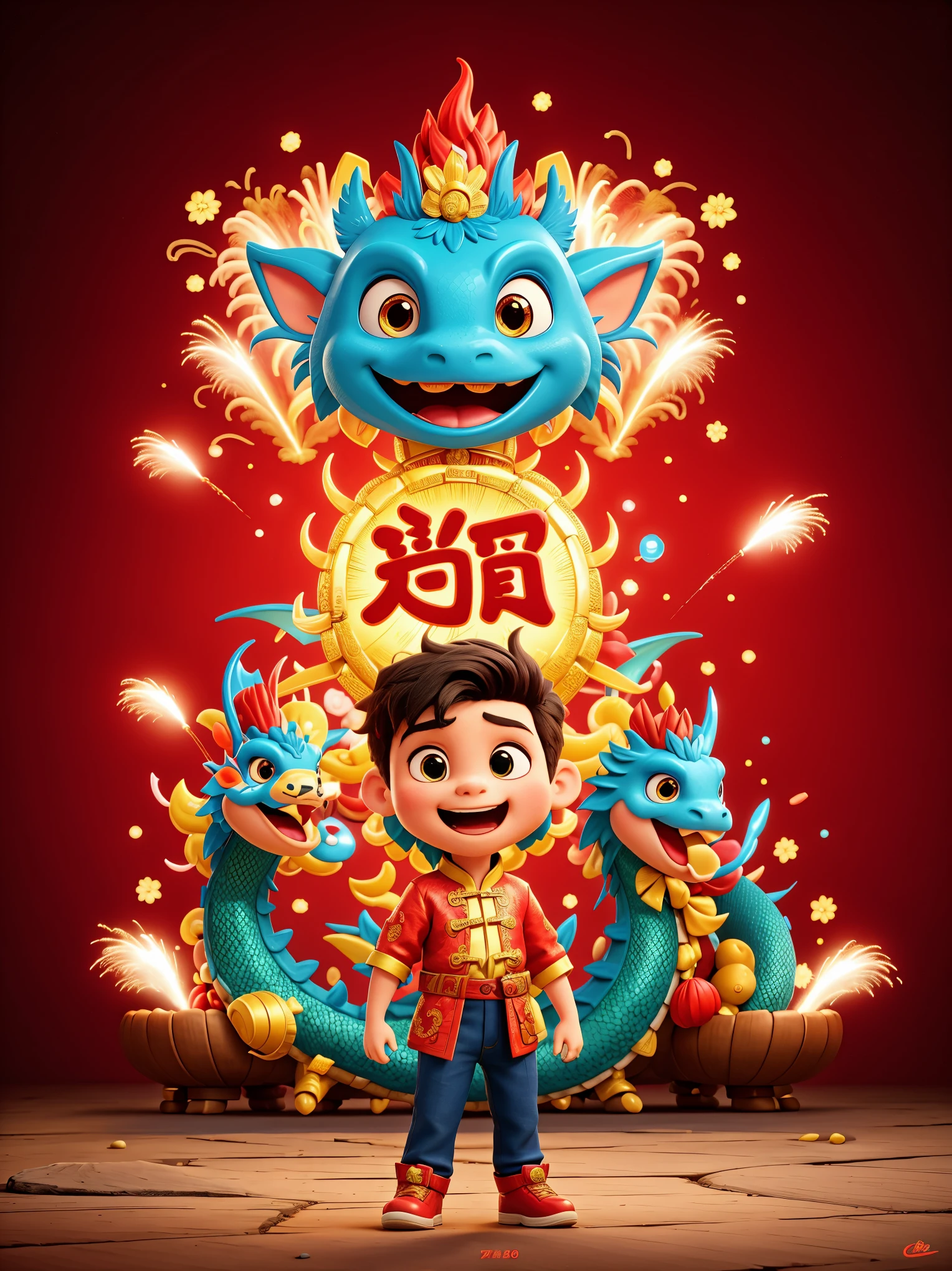 energetic and cute，1 boy，Standing in the middle of，Laugh，Wearing traditional Chinese clothing，(There is an Eastern dragon coiled behind it:1.3)，There are some gold coins on the ground，Blue and red clothes，((fireworks，firecracker，Spring couplets，red festive background))，CNY，Intense lighting effects，Ultra-detailed