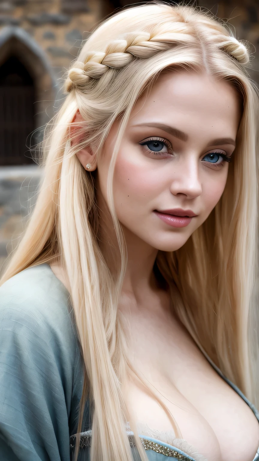 (portrait photography), nice 25 year old, Close-up of Samara Weaver as a medieval fantasy prostitute, pale blonde long hair, large single long blade, adult, medieval fantasy prostitute enemy clothes, Intelligent appearance, Detailed charming smile, In a big medieval fantasy city, cloudy, cinematic lighting､big breasts､cleavage、masterpiece, 最high quality, high quality, High resolution､sexy