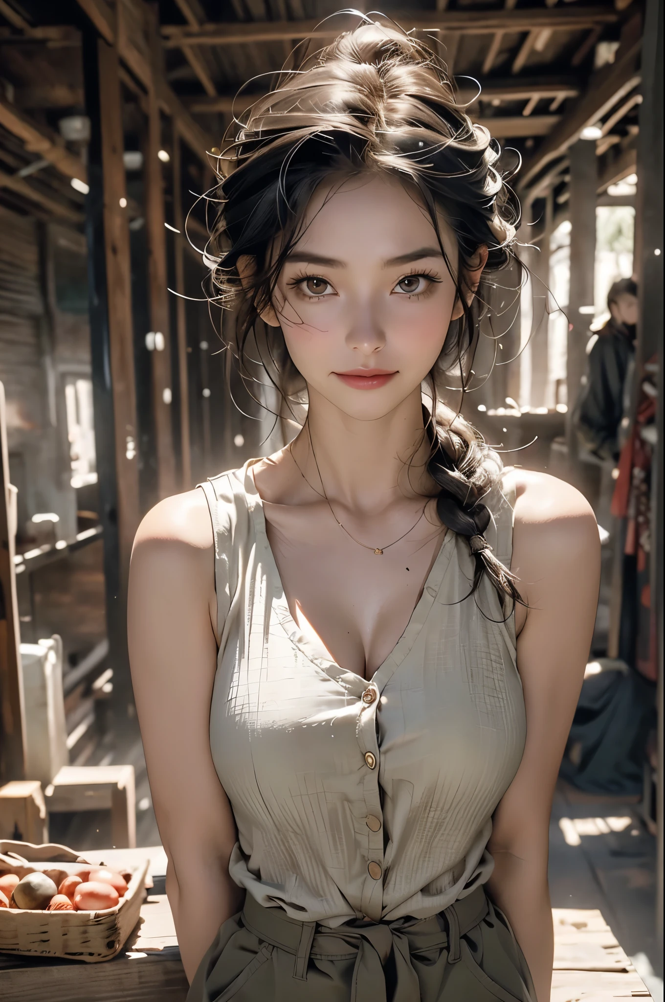 Vest, shorts, black hair, (Ancient ruins:1.1),adventurous woman, (avoid pitfalls:1.1), Thigh pistol rack, Khaki backpack, tie hair, dense woods, bring, machete, Gold digger, Fuji Film, F/1.2, (16K, 8k, Award-winning, best quality, high resolution, high detail, Super details, anatomically correct, textured skin, on the table:1.4, north african trade zone),Mud stains all over body,Sturdy exterior,cave,treasure bag,multifunctional watch,(feeling nervous and elated:1.2),Scenes from action movies,Bathing in the Amazon River,Postures during exercise,action actress,scrape，Naked trench (huge breasts:1.2),wet skin（（rogue））Cool atmosphere