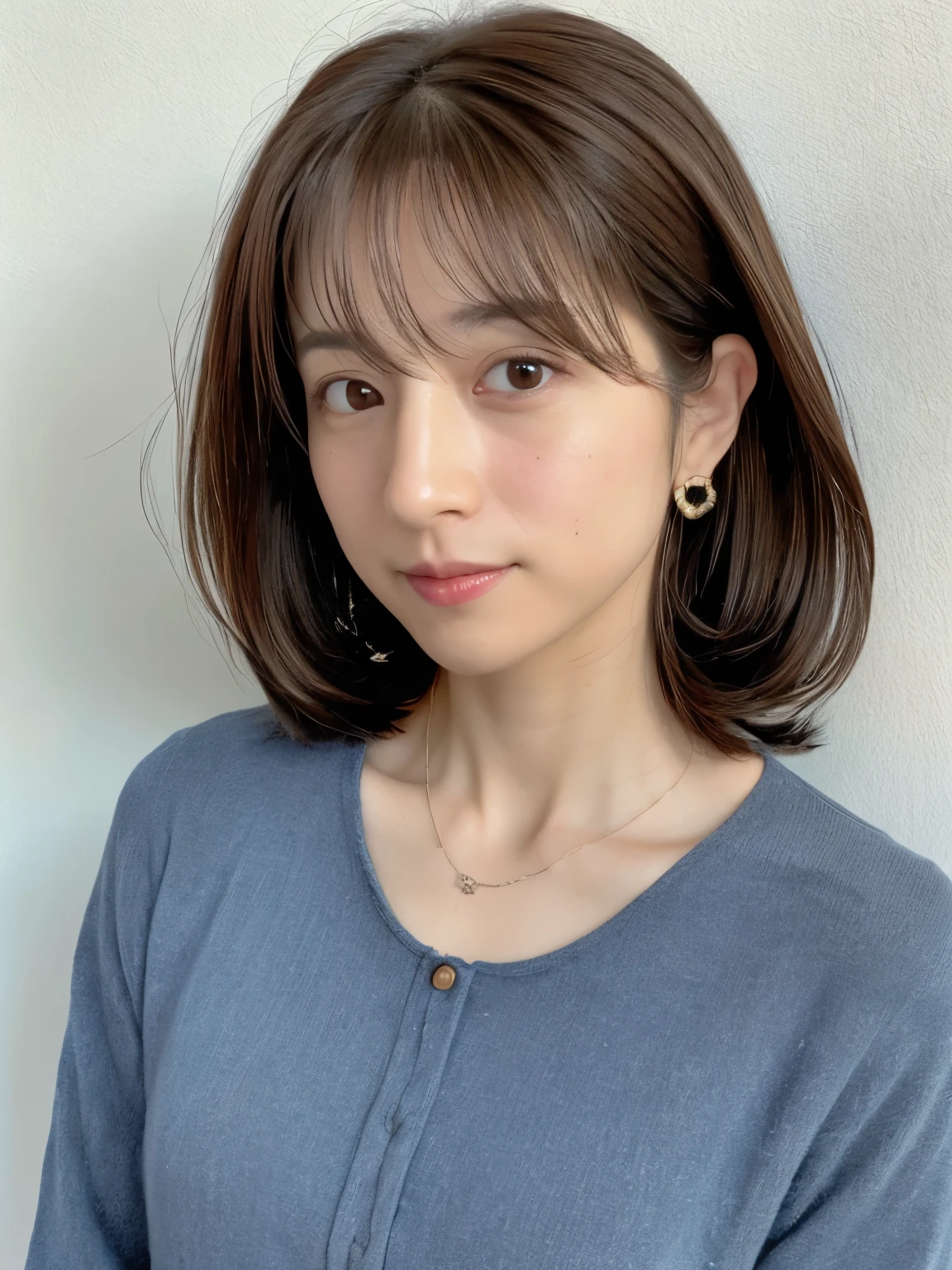 (Highly realistic photos, High resolution, detailed face, fine eyes), Taken in front of a white wall、japanese woman, 40 years old, Variety of facial expressions, alone:1, slim figure, different hairstyles, casual clothes, Alone in a photo、long sleeve dress、Shot in natural light、simple necklace、Spring clothes、Don't look at the camera、profile、Dark brown hair color