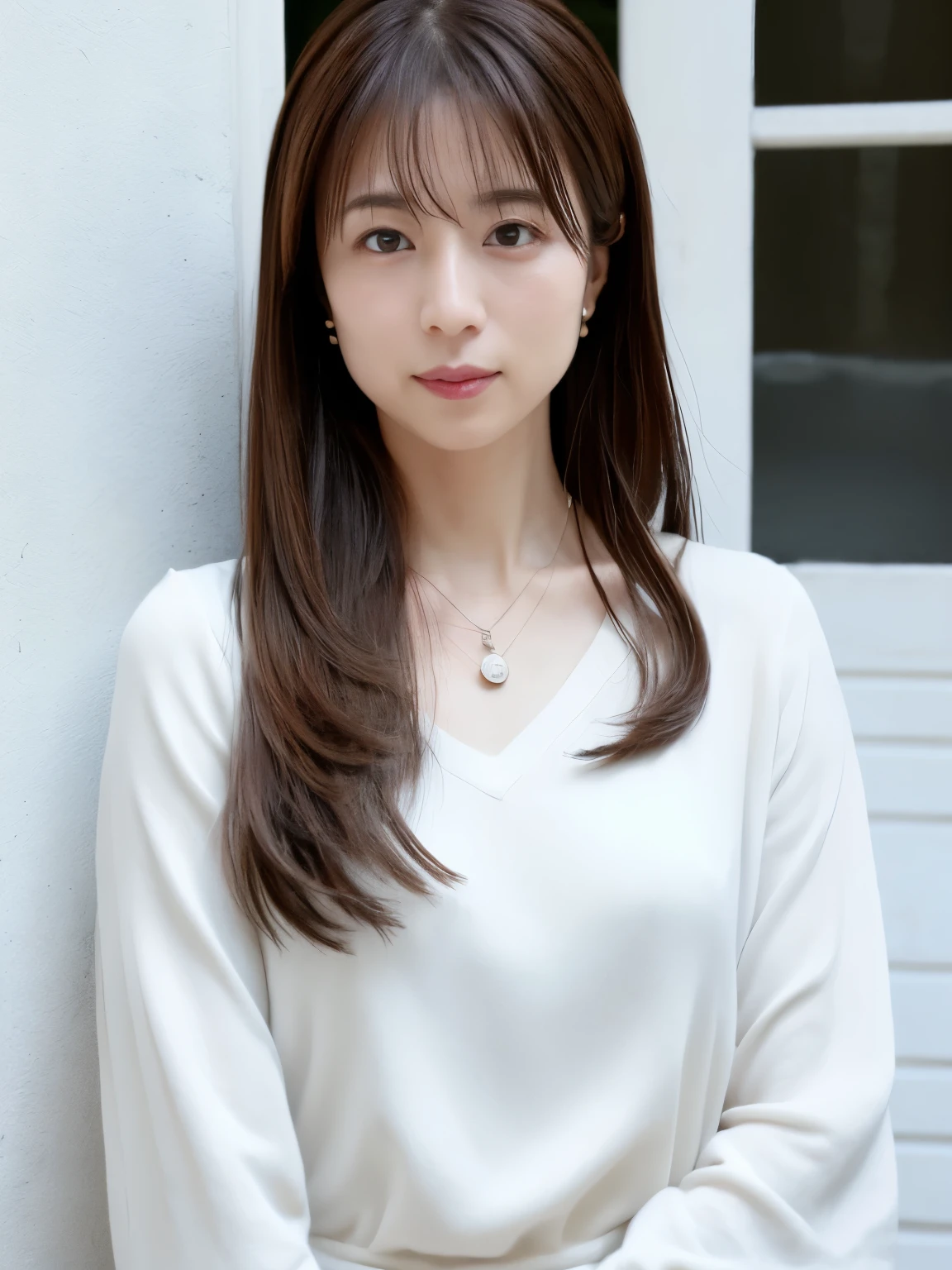 (Highly realistic photos, High resolution, detailed face, fine eyes), japanese woman, 40 years old, Variety of facial expressions, alone:1, slim figure, different hairstyles, casual clothes, Alone in a photo、long sleeve dress、Shot in natural light、white wall、Taken in front of the white door、(窓のあるwhite wallの部屋)、simple necklace、Spring clothes、Don't look at the camera、profile、Dark brown hair color