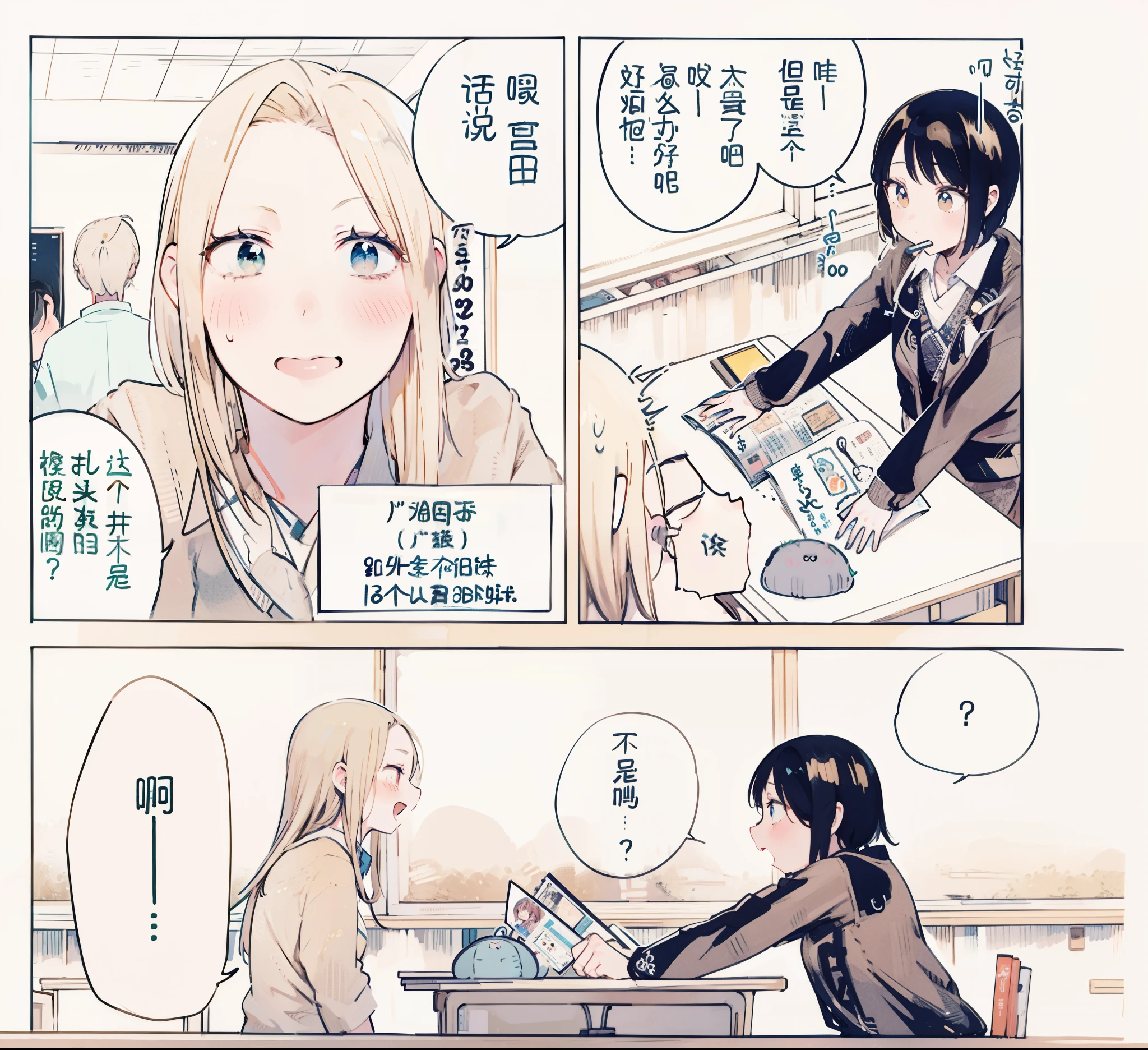 [[[ super detailed, best quality, beautiful, 4K]]], portrait, Modern classrooms, two girls，japanese manga，2D cartoon
