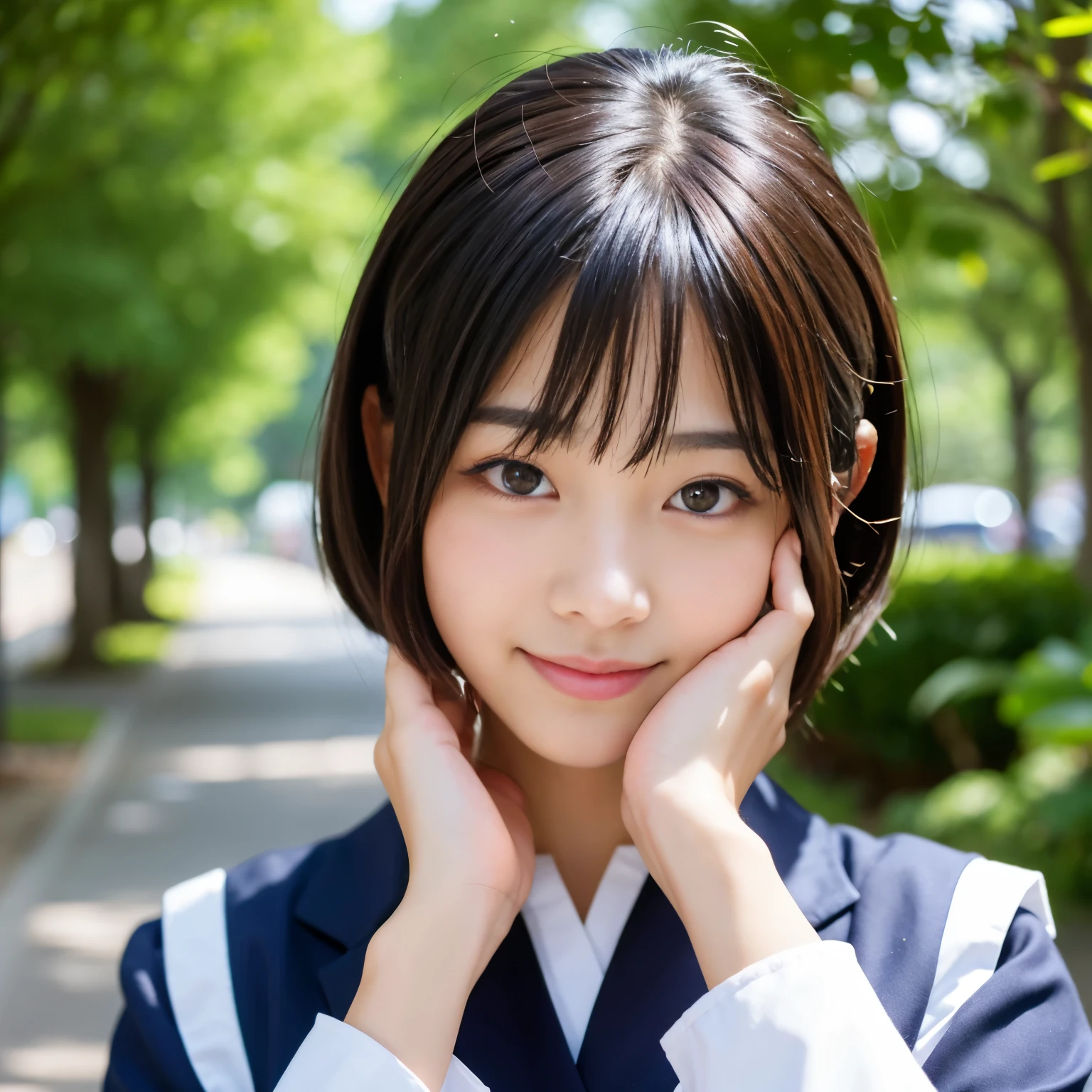 Best-quality, Masterpiece, Ultra-High-Resolution, (Photorealistic:1.4), Raw-Photo, 1girl, 12-years-old, the most famous Japanese idol, wearing only Japanese high-school uniform with cute design, face-focus, hands on head, extremely cute face like a most popular Japanese idol, extremely beautiful big-black-eyes, extremely beautiful black-short-cut-haired, extremely beautiful long-eyelashes, extremely beautiful lips, extremely beautiful skins, innocent-smile, detailed Japanese-high-school-uniform-with-cute-design