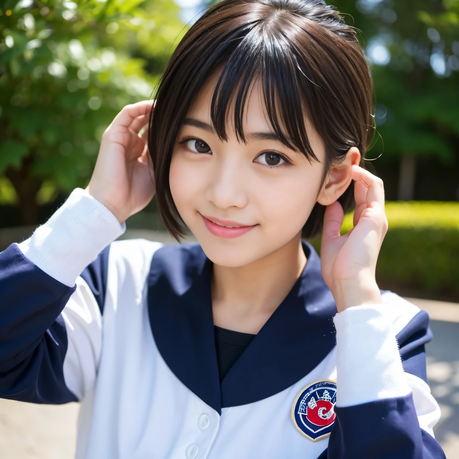 Best-quality, Masterpiece, Ultra-High-Resolution, (Photorealistic:1.4), Raw-Photo, 1girl, 12-years-old, the most famous Japanese idol, wearing only Japanese high-school uniform with cute design, face-focus, hands on head, extremely cute face like a most popular Japanese idol, extremely beautiful big-black-eyes, extremely beautiful black-short-cut-haired, extremely beautiful long-eyelashes, extremely beautiful lips, extremely beautiful skins, innocent-smile, detailed Japanese-high-school-uniform-with-cute-design