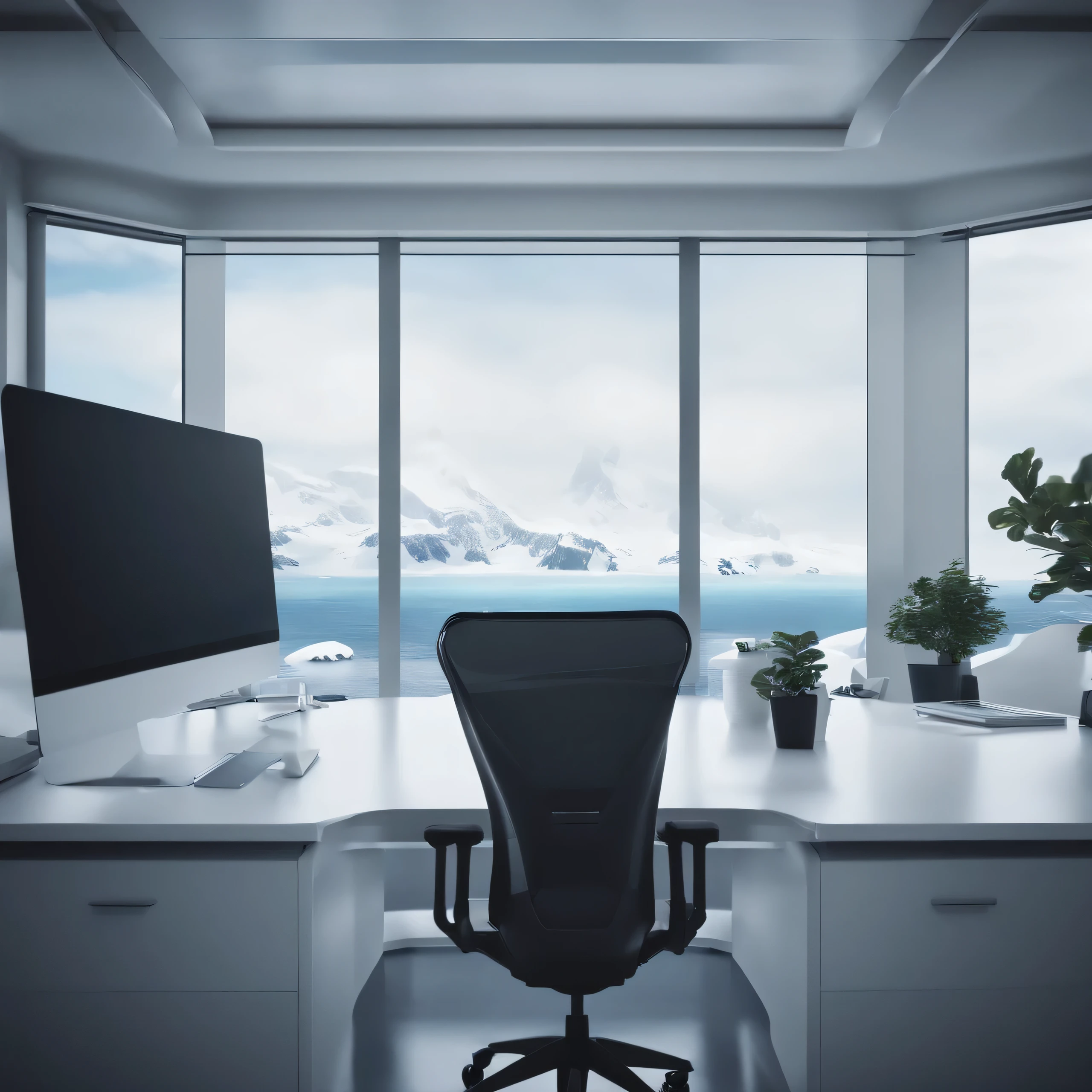 ((visual novel background)), futuristic office, white room, desk, chairs, laptop, antarctica outside window