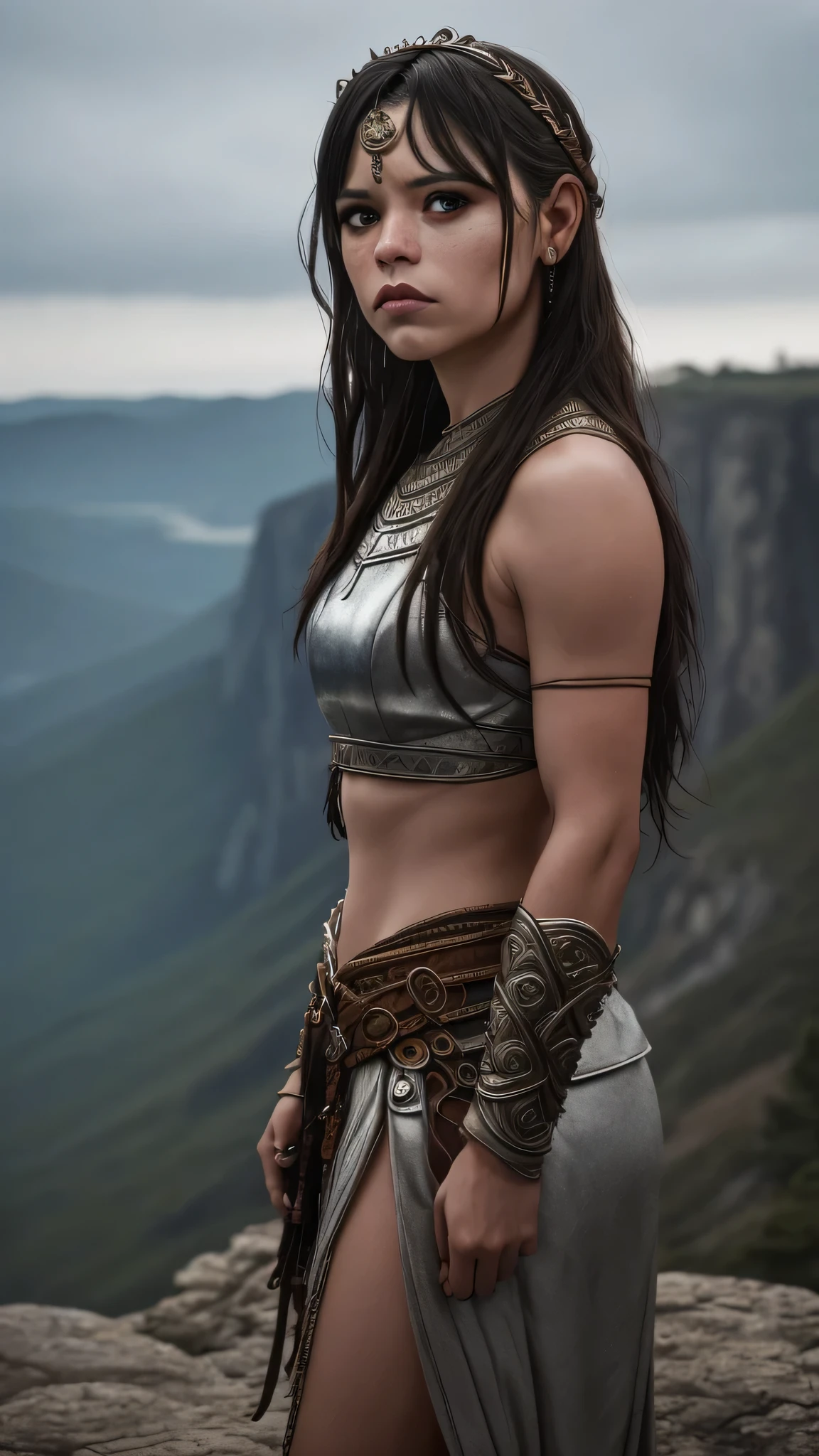 masterpiece, highest quality, RAW, analog style, a stunning photo of a jnortg,long hair, ((Xena)), Amazon, warrior queen, (make-up), (standing on a cliff), (highly detailed skin, skin details), (highly detailed face), full body view, sharp focus, 8k UHD, DSLR, high quality, film grain, Fujifilm XT3, frowning, intricately detailed, highly detailed, cluttered and detailed background