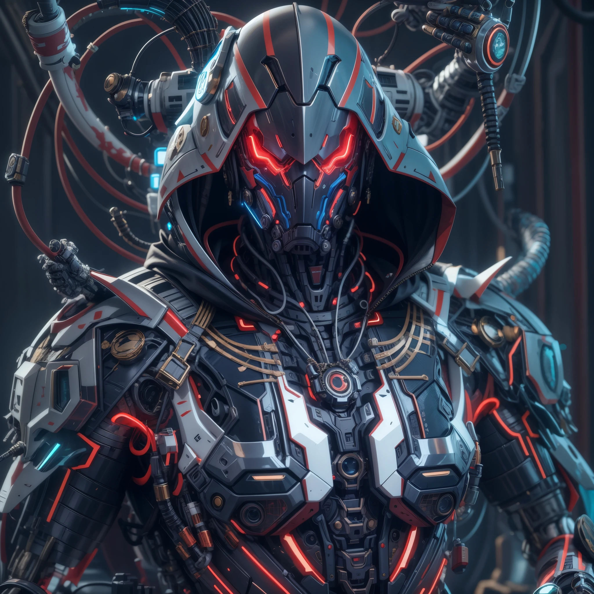 biomechanical soldier，futuristic warrior，cybernetic cyborg，Mechanical prosthetics，Futurism者，lighted hooded jacket，Unreal Engine style rendering，ritual mask，silver and blue，Mechanical Design，close up，cobra，AI，machine，Metal，electric wire，technology，Futurism，Highly detailed，extremely detailed，stand，full body shot，center，3D rendering，art station，octane rendering，8k，,