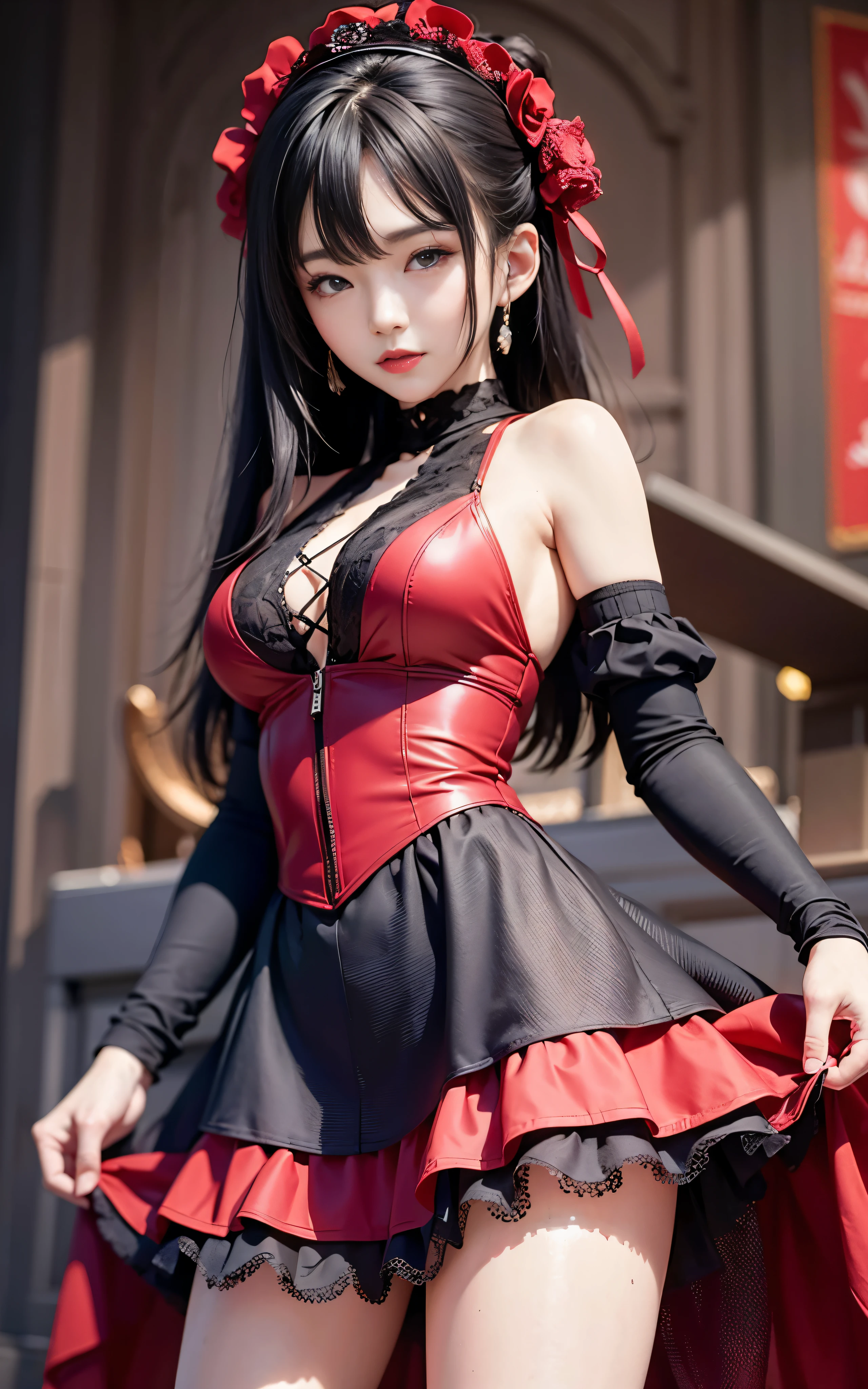 highest quality,masterpiece,High resolution,(beautiful face),looking at the viewer,Are standing,((Half body)),gloved hands,right arm hanging down、((red lace dress))
