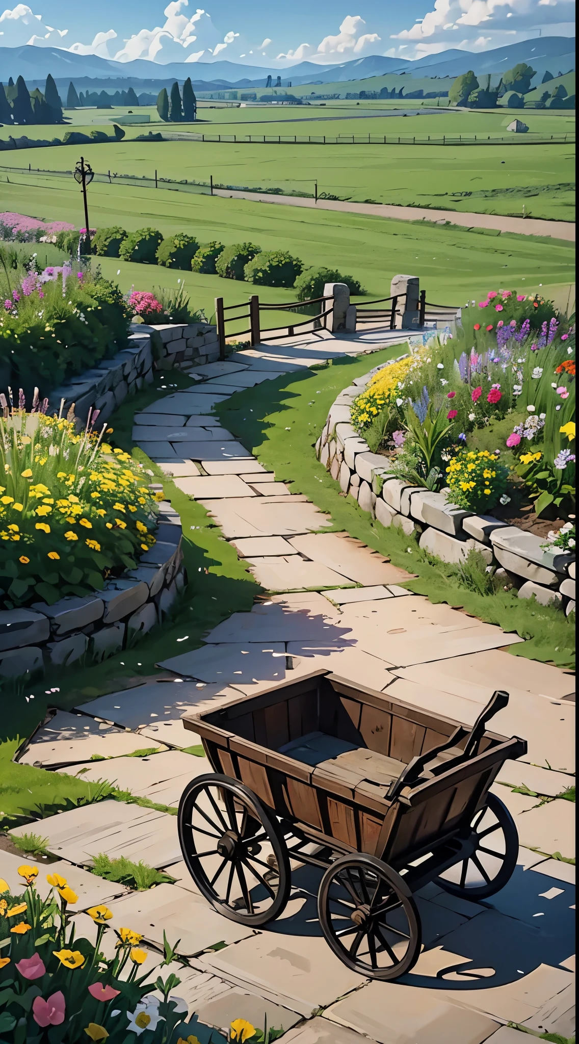 Establishing shot. A large flat area with stone walls. The wagon filled with flowers is approaching a large gate. Filled with flowers and plants, spring, HD, HDR, 8K