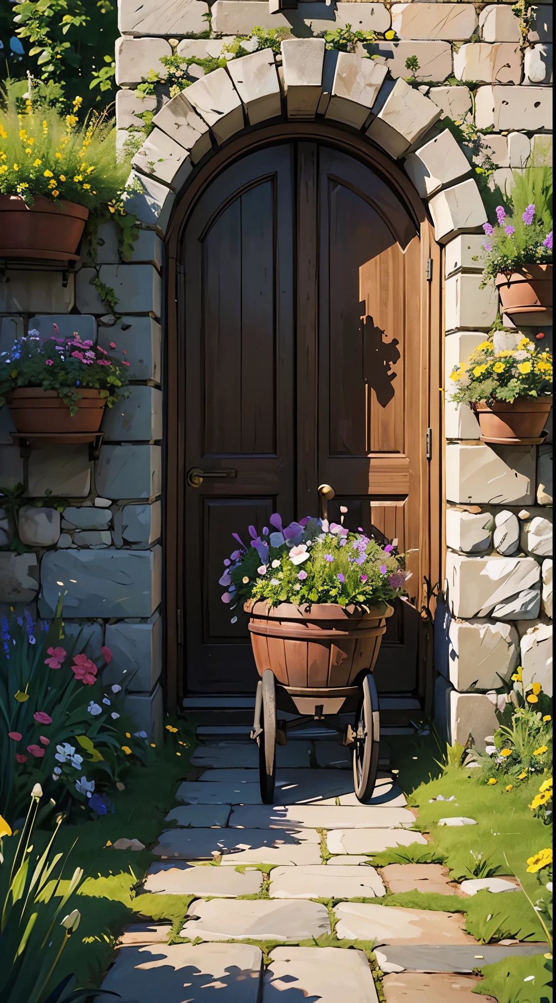 Establishing shot. A large flat area with stone walls. The wagon filled with flowers is approaching a large gate. Filled with flowers and plants, spring, HD, HDR, 8K