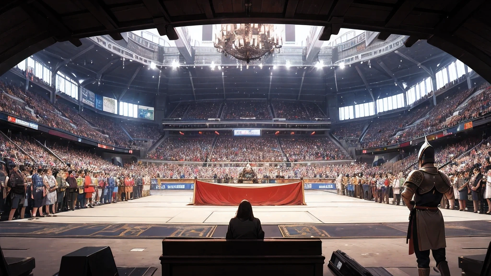 gladiator arena background, crowded, cheering, medieval times, detailed, highres, Then, after about two battles, a new stage was being set in the arena. One huge stake got established in the centre