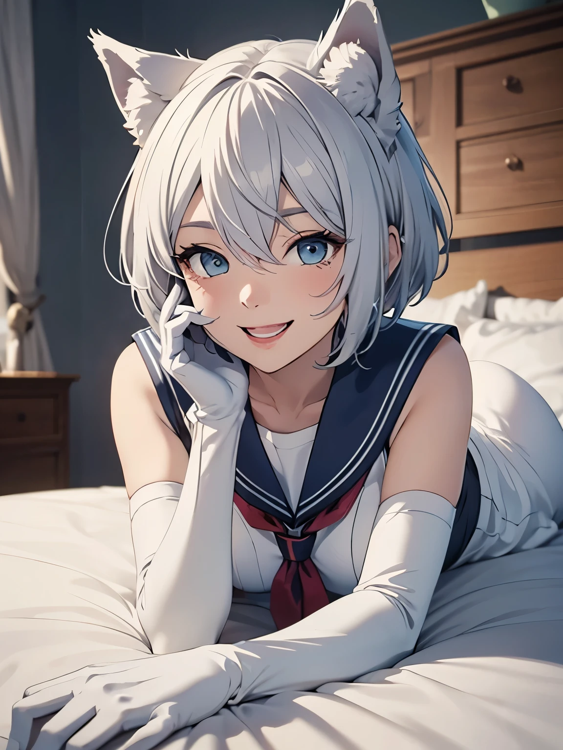 best quality, ultra precision, one girl, cute, little girl, young, boyish, childish, small breasts, silver hair, cat ears, blue eyes, beautiful eyes, teen girl, ecstasy, sailor collar, estrus, metestrus, start to undress, naughty mood, bed room, lying on bed, bare, she loves you, sexy, lost virgin, virgin, blush, beautiful skin, big bow on chest naked