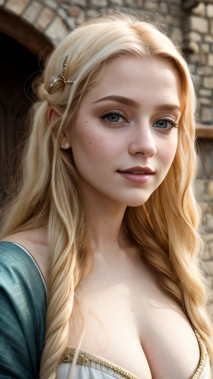 (portrait photography), nice 25 year old, Close-up of Samara Weaver as a medieval fantasy prostitute, pale blonde long hair, large single long blade, adult, medieval fantasy prostitute enemy clothes, Intelligent appearance, Detailed charming smile, In a big medieval fantasy city, cloudy, cinematic lighting、big breasts、cleavage、masterpiece, 最high quality, high quality, High resolution、sexy