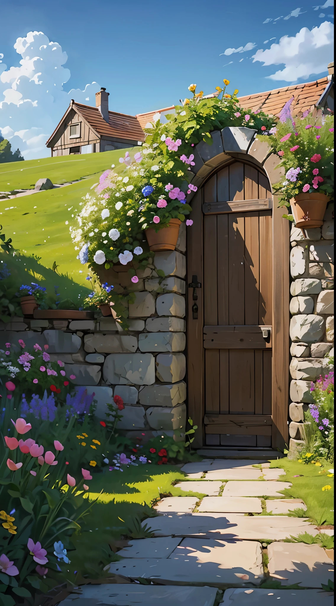 Establishing shot. A large flat area with stone walls. The wagon filled with flowers is approaching a large gate. Filled with flowers and plants, spring, HD, HDR, 8K