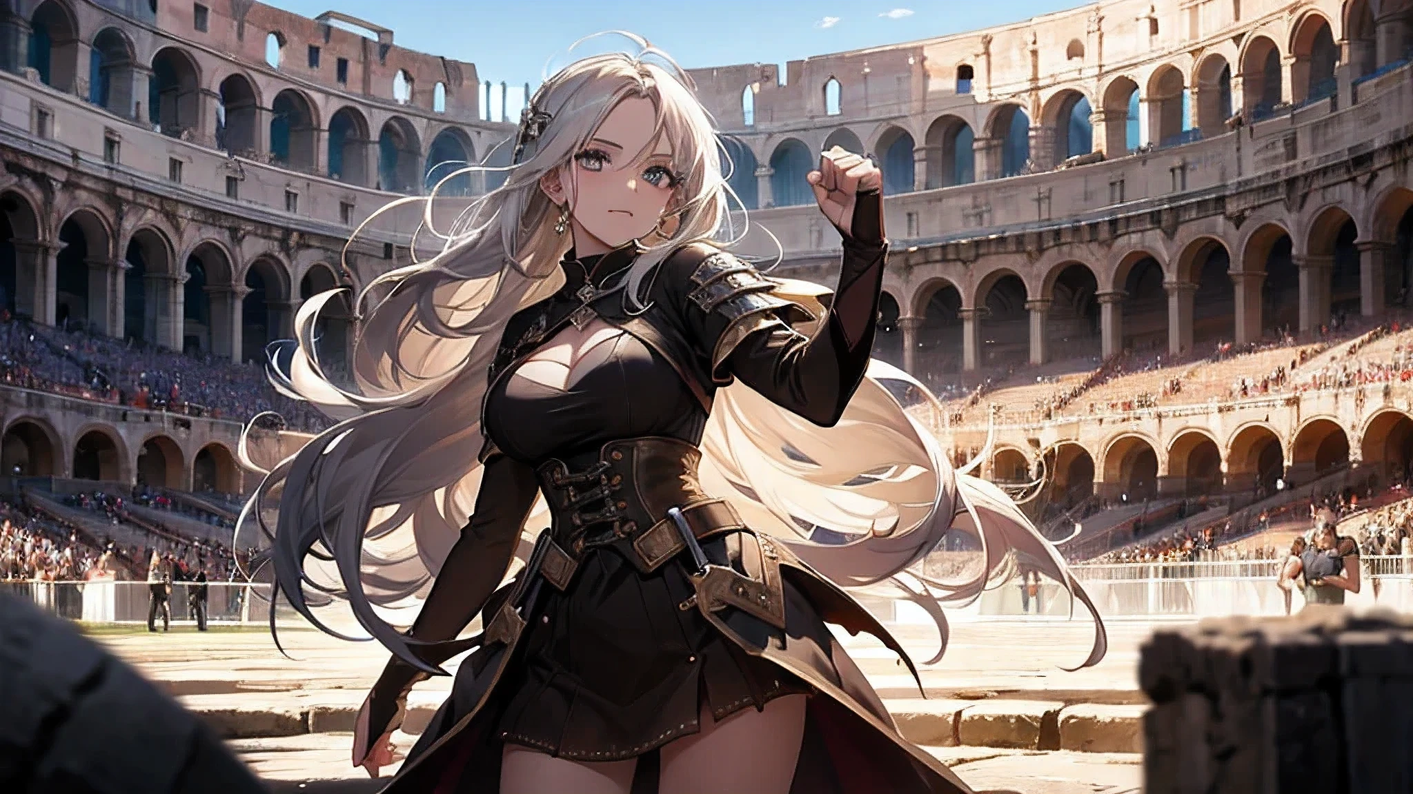 Get caught in intense moments at the Greek Colosseum. When she swings her fist, The luster of her skin and her detailed features stand out, torn clothes, The background is vibrant with strong sunlight, Showcase a Colosseum packed with spectators. a single woman was fastened to the top. She was a beautiful woman. Purposely made to wear torn clothes, in colloseum, medieval times
