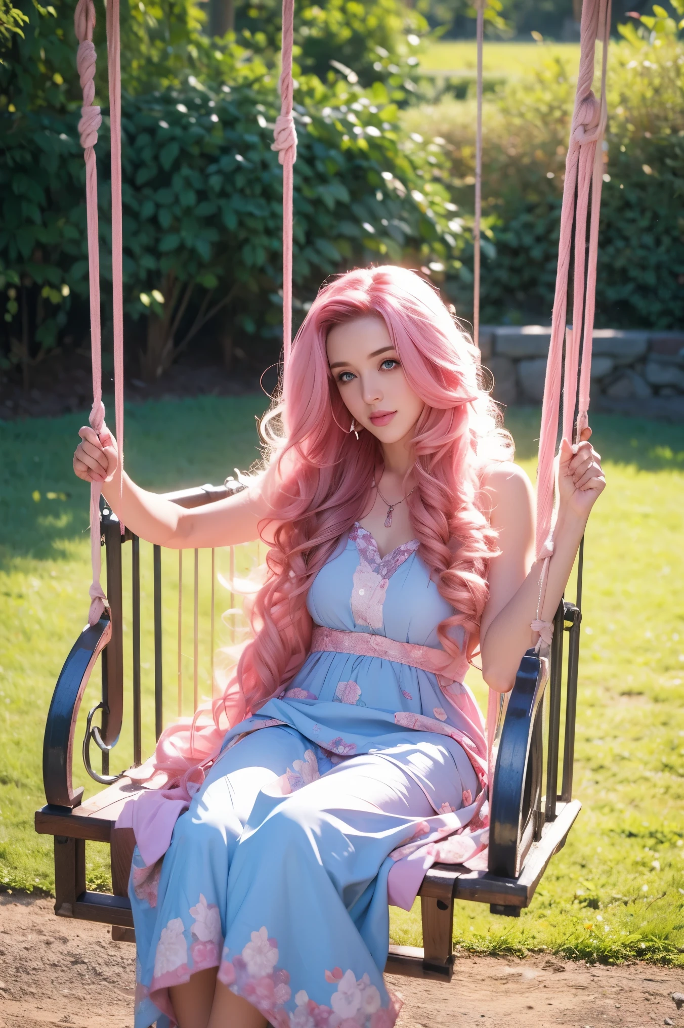 Woman, long curly hair, pink hair, blue eyes, sitting on swing, swing,